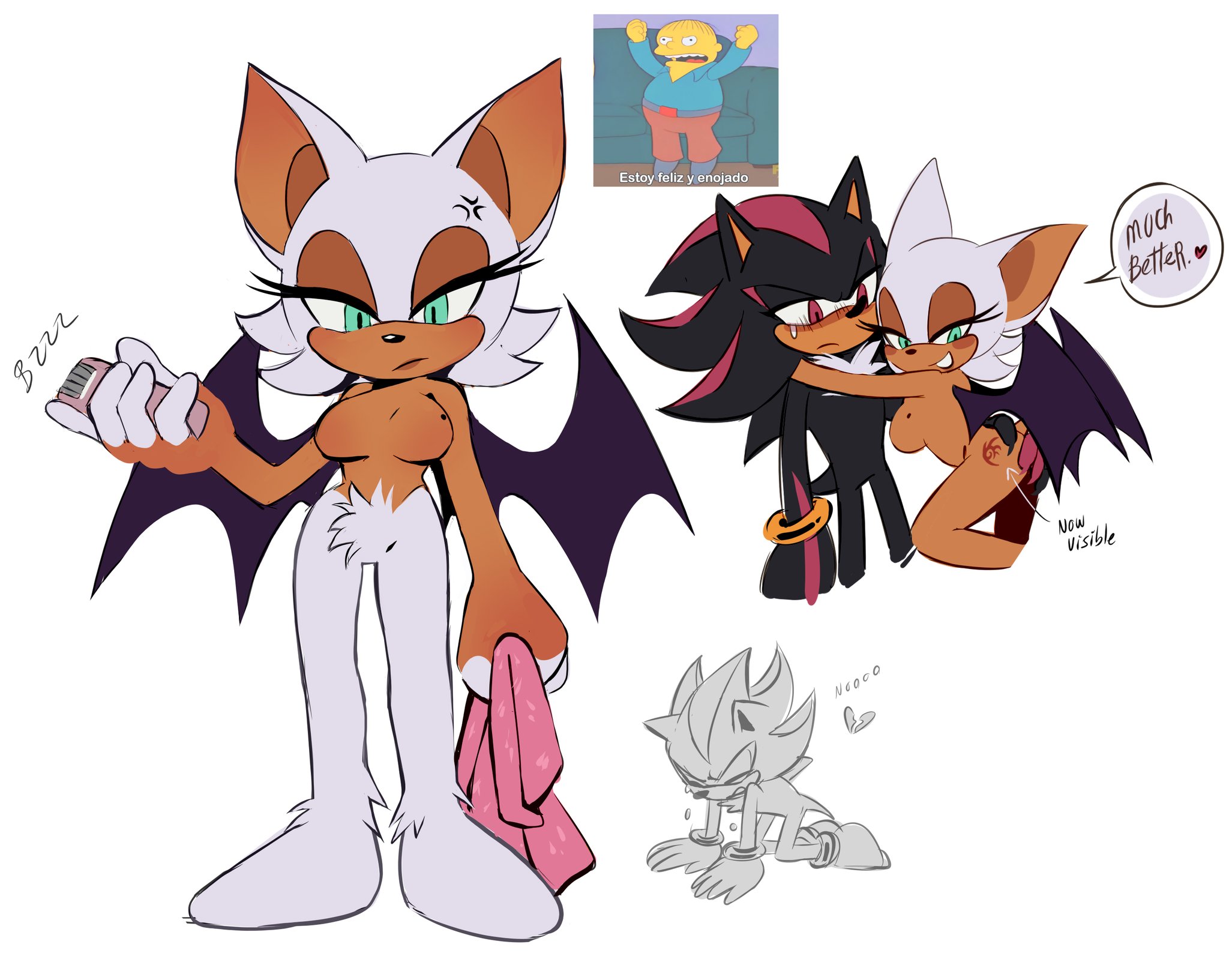 1boy, 1girls, anger vein, ass tattoo, bat ears, bat wings, beauty mark, beauty mark on breasts, benshir, big breasts, broken heart, bush, chest tuft, featureless breasts, featureless crotch, female, fur, green eyes, holding towel, humor, no nipples, nude female, red eyes, rouge the bat, shadow the hedgehog, shadow the hedgehog tattoo, shaving, shaving pussy, sonic (series), sonic the hedgehog (series), tramp stamp