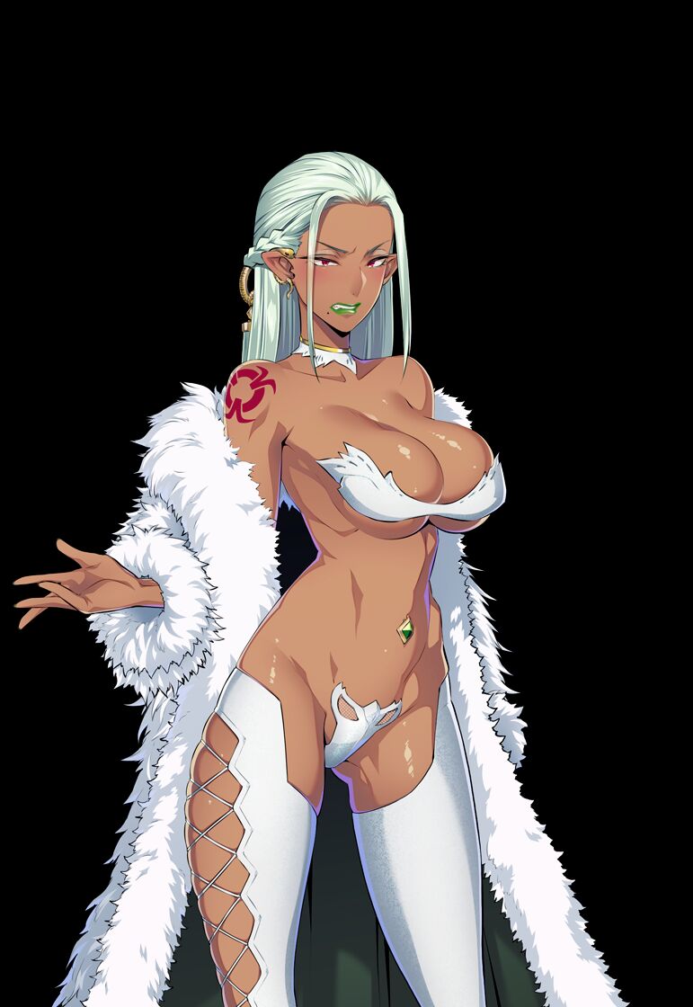 1girl, 1girls, angry, belly jewel, belly piercing, big breasts, butcha-u, clockup, dark skin, elf ears, elf female, female, female only, fur coat, fur stole, green fingernails, green hair, green lipstick, long hair, madame venom, natasha snyder(sacrifice villains), navel jewelry, navel piercing, practically nude, red eyes, sacrifice villains (game), sneer, solo female, solo focus, tan skin, tan skinned female, tattoo, tattoo on shoulder, villainess, white fur, white hair, white leggings, white legwear