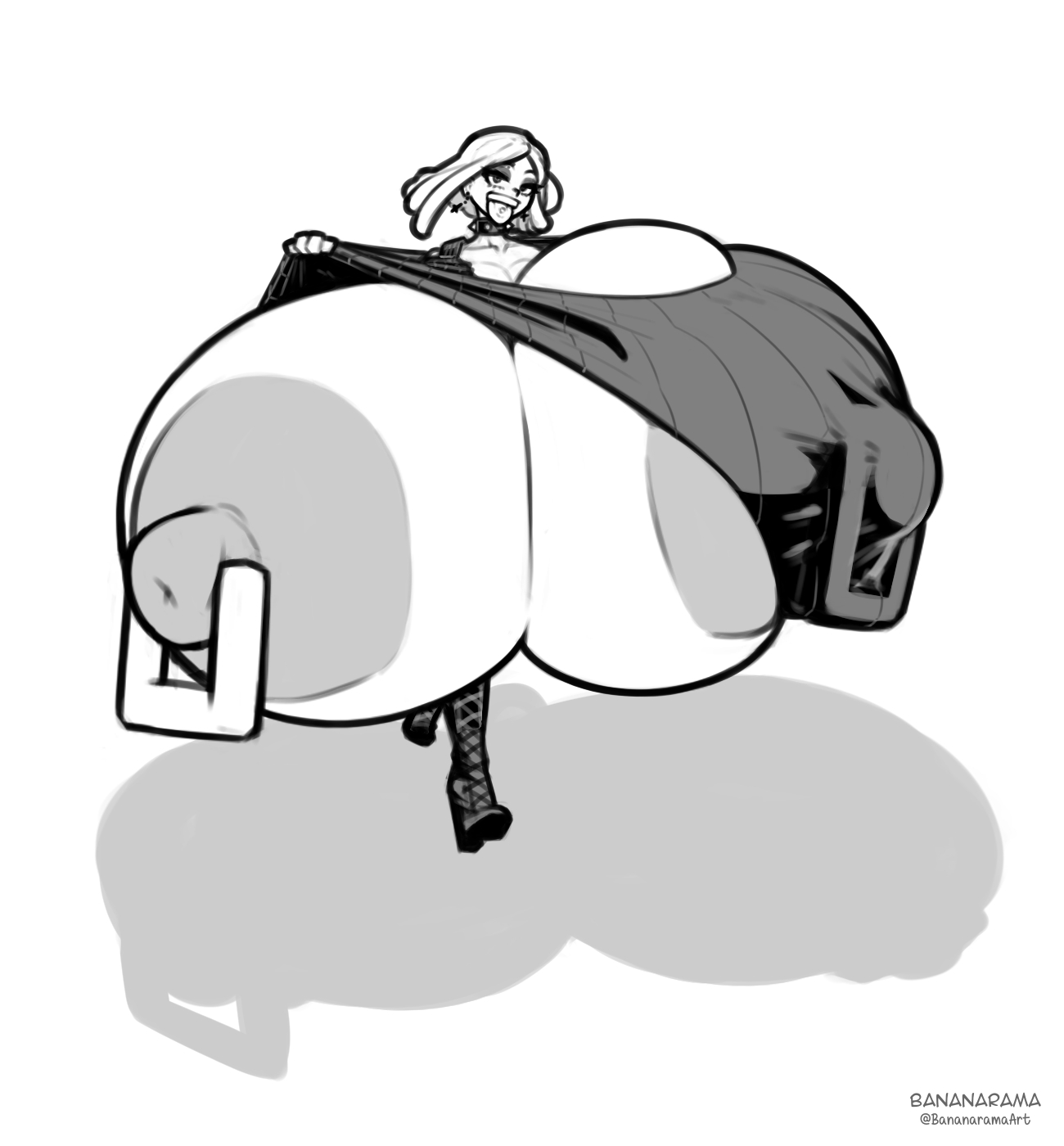 1girls, areolae, bananarama (artist), big breasts, breasts, female, female focus, female only, giant breasts, gigantic breasts, huge areolae, huge breasts, huge nipples, hyper, hyper areola, hyper breasts, hyper nipples, massive breasts, mei hatsume, mostly clothed, my hero academia, nipple piercing, nipples, piercing, smile, solo, tongue out