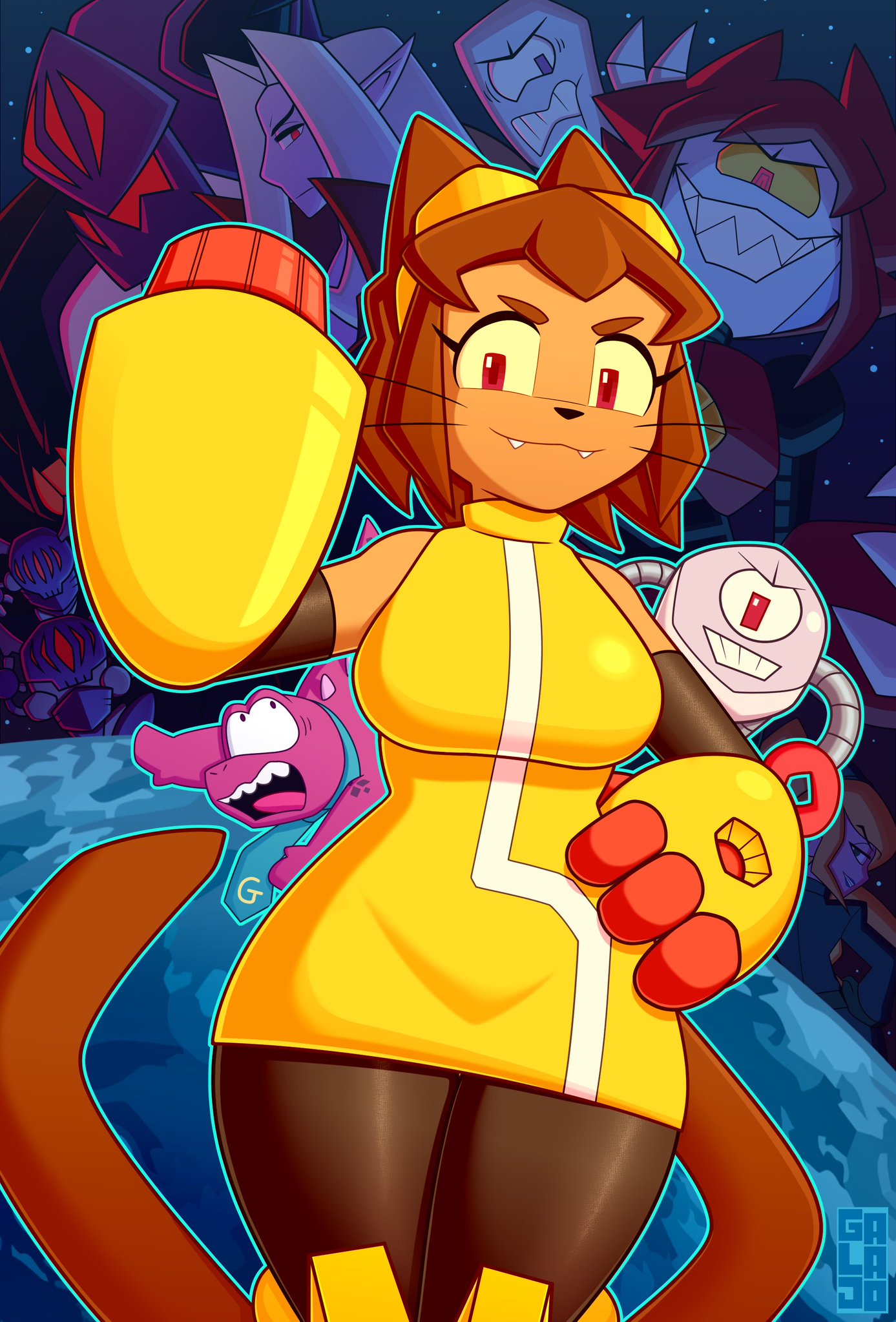 arm cannon, big breasts, boobs, cat ears, cat tail, catgirl, curvy female, curvy figure, dusk (gameoverse), female, fold (gameoverse), galajo, gameoverse, glitch productions, gobbles (gameoverse), heroes, kaboodle (gameoverse), kit (gameoverse), kit bodega, malice (gameoverse), miss information (gameoverse), nonsexual, not porn, villains