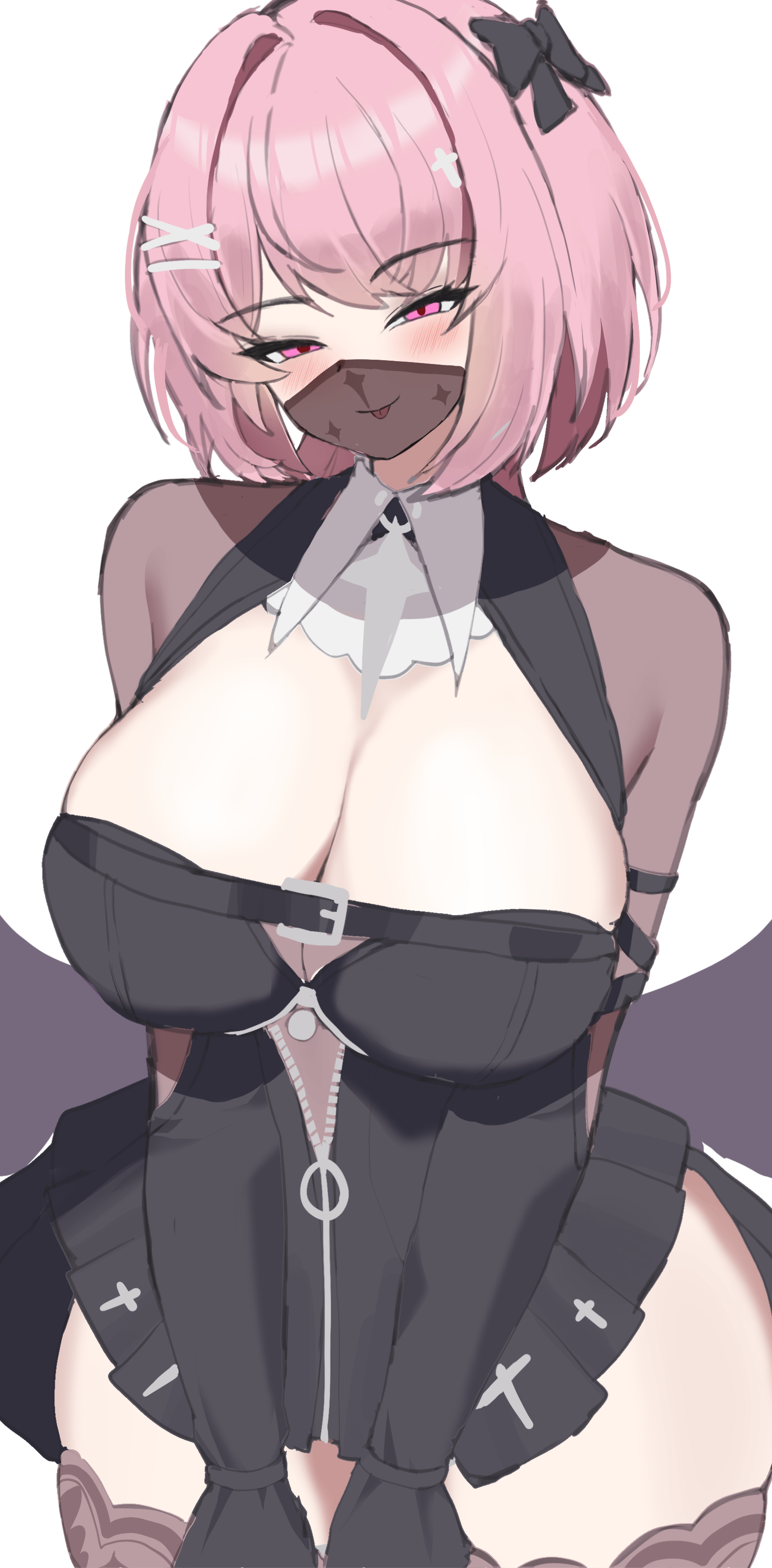 1girls, 2020s, 2026, 2d, 2d (artwork), 2d artwork, bedroom eyes, big boobs, big breasts, big hips, big thighs, big tits, big titties, blush, blush lines, blushing, blushing at viewer, boobs, breasts, cleavage, cleavage cutout, clothed, clothed female, clothes, cropped, cropped legs, curvy, curvy body, curvy female, curvy figure, curvy thighs, digital drawing (artwork), digital media, digital media (artwork), eyebrows, eyelashes, eyes, eyes half closed, eyes half open, eyes open, face mask, facemask, fahufahu, female, female focus, female only, girl, hair, hips, hourglass figure, hourglass figured female, hoyoverse, human, human female, humanoid, large boobs, large breasts, large tits, light skin, light-skinned female, looking at viewer, mihoyo, mihoyo technology (shanghai) co. ltd., mouth mask, no dialogue, no text, nude, nude female, pale-skinned female, partially nude, pink eyes, pink hair, pink hair female, ramiel (zenless zone zero), remielle (zenless zone zero), remielle dan, remielle dan (moonlight whispers), revealing clothes, revealing clothing, revealing outfit, sexually suggestive, sheer, sheer legwear, simple background, skirt, smile, smiling, smiling at viewer, stocking, stockings, suggestive, suggestive look, suggestive smile, thick thighs, thighs, thiren, tits, tongue, tongue out, video game character, video game franchise, white background, wide thighs, winged humanoid, wings, zenless zone zero