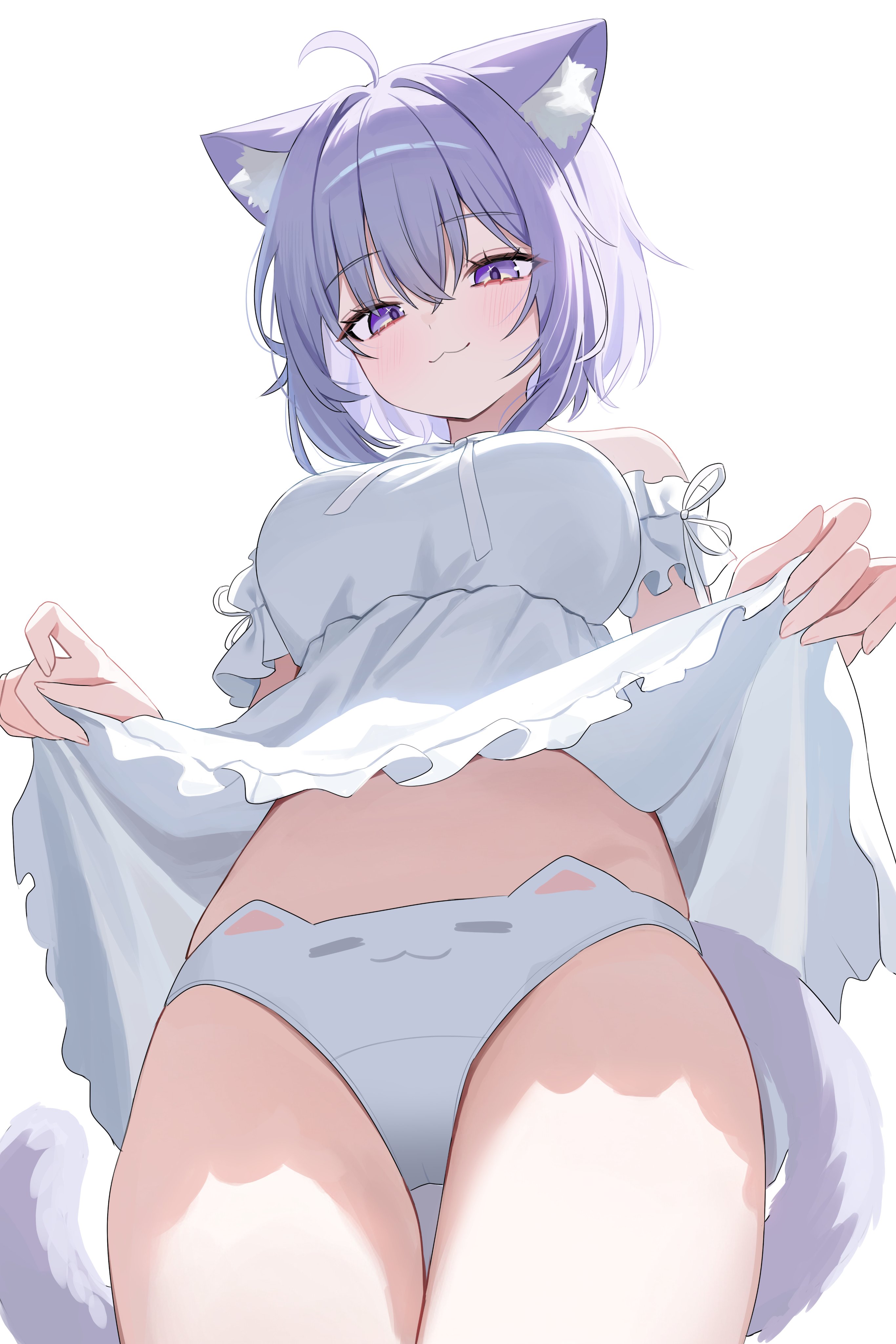 :3, 1girls, absurdres, animal ears, animal print, armband, blush, breasts, cat ear panties, cat ears, cat girl, cat print, cat tail, closed mouth, clothes lift, commentary, dress, dress lift, female, female only, hair between eyes, highres, hololive, large breasts, long hair, medium hair, nannung, nekomata okayu, panties, print panties, purple eyes, purple hair, simple background, smile, solo, tail, thighs, underwear, virtual youtuber, white armband, white background, white dress, white panties