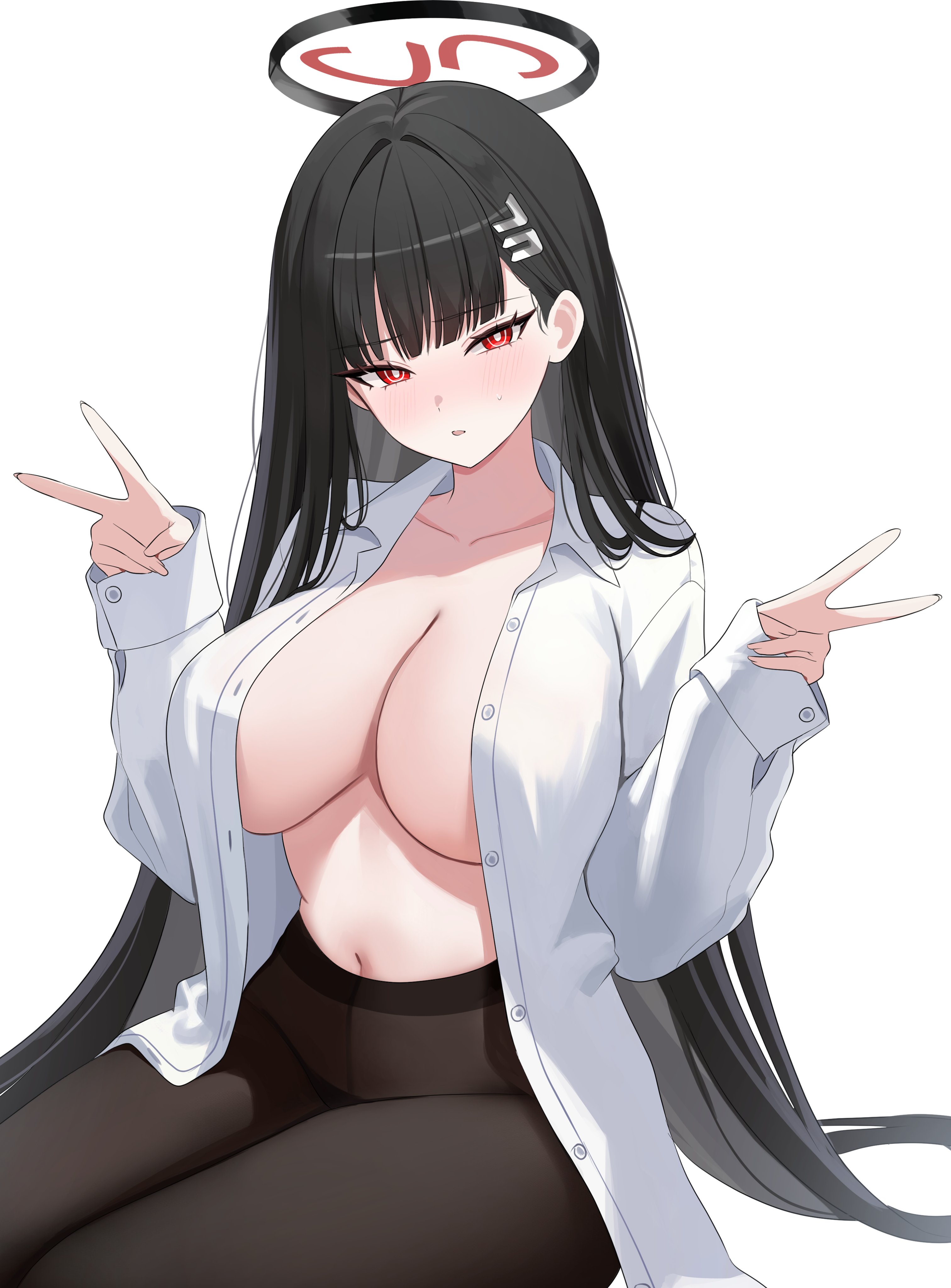 1girls, absurdres, black hair, black panties, black pantyhose, blue archive, blunt bangs, breasts, bright pupils, cleavage, closed mouth, collared shirt, commentary, double v, dress shirt, female, female only, hair ornament, hairclip, halo, high-waist pantyhose, highres, large breasts, long hair, long sleeves, looking at viewer, nannung, navel, no bra, no pants, open clothes, open shirt, panties, panties under pantyhose, pantyhose, red eyes, ringed eyes, rio (blue archive), shirt, simple background, sitting, solo, stomach, underwear, v, very long hair, white background, white pupils, white shirt