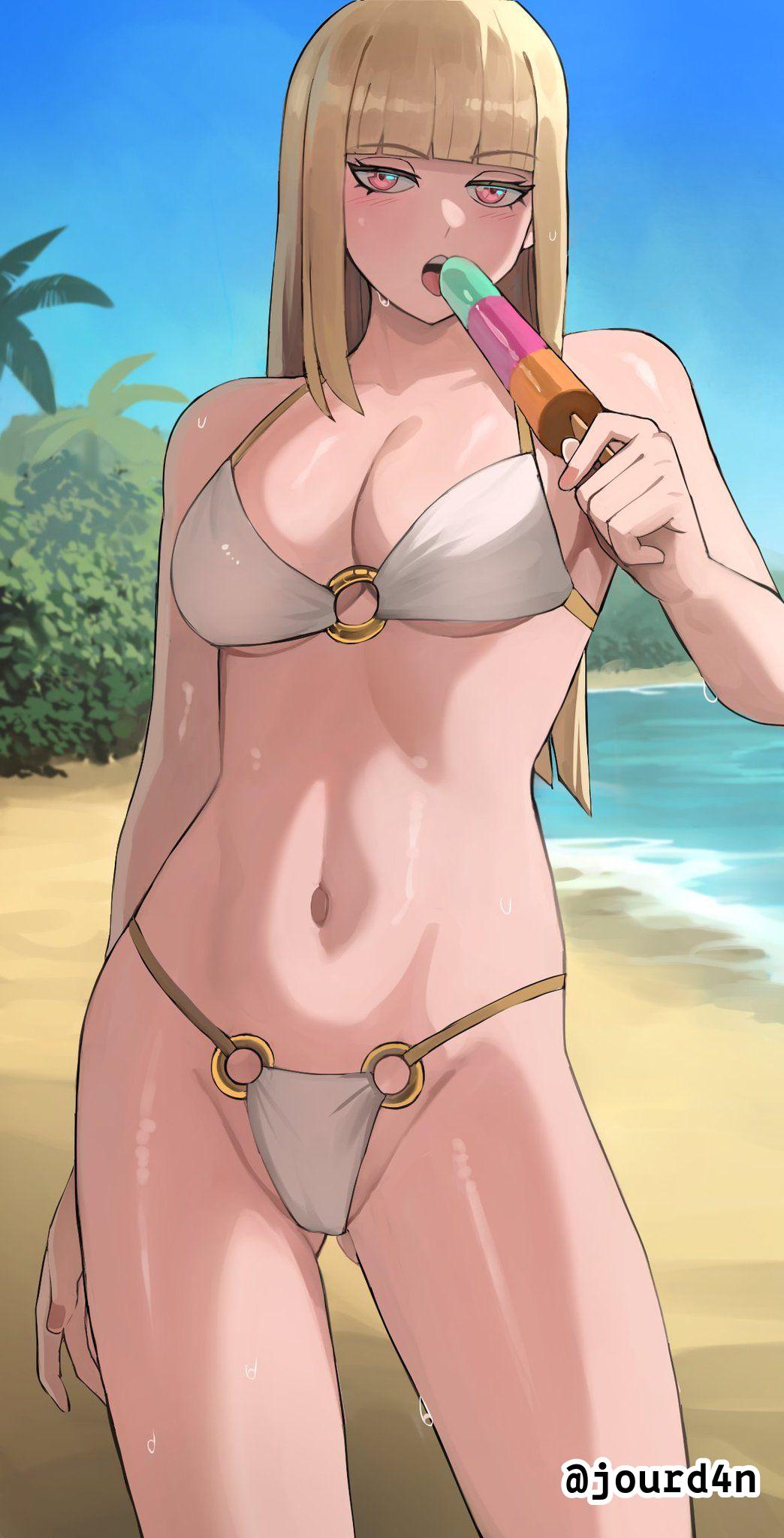 1girls, 2d, 2d (artwork), 2d artwork, arm behind back, ass visible through thighs, baddie, beach, beautiful woman, belly, belly button, big boobs, big breasts, bikini, bikini bottom, bikini only, bikini top, blank expression, blank eyes, blank stare, blonde, blonde female, blonde hair, blonde hair female, blonde-haired female, blue sky, blunt bangs, bored, bored expression, breasts, busty, busty female, busty girl, child bearing hips, claire (jourd4n), cleavage, coast, collarbone, day, daylight, daytime, digital, digital art, digital drawing, digital drawing (artwork), digital media, digital media (artwork), drawing, dripping wet, elbows, emotionless, exposed, eyebrows visible through hair, fat breasts, female, female focus, female only, fertile hips, fingernails, fingers, fit female, flat belly, groin, half naked, half nude, halterneck, hand behind back, high resolution, highres, hourglass figure, inframammary fold, inguinal crease, inguinal ligament, jourd4n, large boobs, large breasts, lean figure, leaning to the side, linea alba, long hair, looking at viewer, mature woman, midriff, nail polish, nails, naked, naked female, naked woman, narrow waist, navel, neutral expression, nude, nude female, nudity, o-ring bikini, o-ring bikini bottom, o-ring bikini top, o-ring swimsuit, ocean, open mouth, original, original art, original artwork, original character, outdoor, outdoor nudity, outdoors, outside, parted lips, partially undressed, pink eyes, pink fingernails, pink nail polish, pink nails, pink-eyed female, popsicle, sand, sea, seaside, semi nude, shoulders, sky, slender body, slender waist, slim female, slim waist, soaked, solo, standing, stomach, string bikini, swimsuit, swimwear, thigh gap, thighs, thong bikini, tongue, upper body, upper teeth, water, wet, wet belly, wet bikini, wet body, wet breasts, wet face, wet hair, wet legs, wet skin, wet swimsuit, wet thighs, white bikini, white bikini bottom, white bikini top, white swimsuit, white swimwear, wide hips