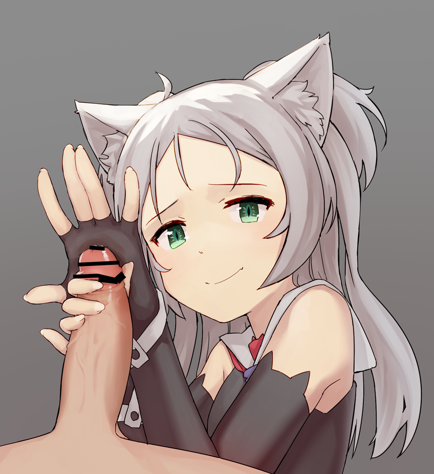 1boy 1girls animal_ear_fluff animal_ears azur_lane bar_censor black_gloves cat_ears censored closed_mouth commentary eagle_union_(azur_lane) elbow_gloves female fingerless_gloves fingernails forehead glansjob gloved_handjob gloves green_eyes grey_background grey_hair hand_on_penis handjob light-skinned_female light-skinned_male light_skin long_hair looking_at_viewer neck_ribbon oerba_yun_fang penis red_neckwear ribbon sailor_collar simple_background sims_(azur_lane) skin_fang smile smug straight two_side_up viroa white_sailor_collar