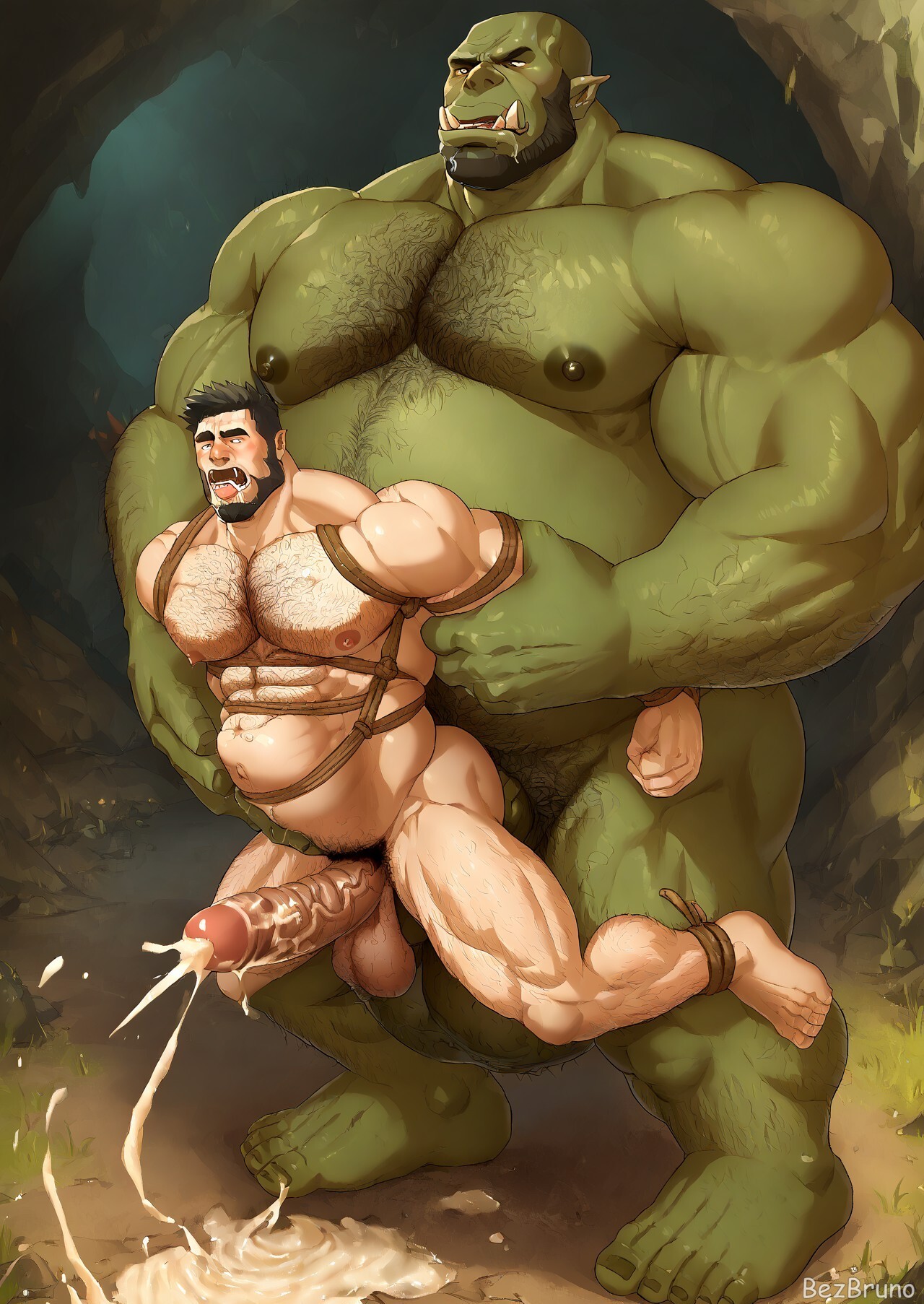 , 2boys, abs, ai generated, anal, anal sex, arm hair, ass, ass focus, back, back muscles, balls, bara, beard, bezbruno, big ass, big balls, big dom small sub, big muscles, big nipples, big pecs, big penis, carrying, carrying partner, chest hair, cum, cum drip, cum everywhere, cum in ass, cum inside, cum on ass, cum on balls, cum on body, cum on chest, cum on penis, cum while penetrated, cumshot, daddy, deep penetration, dilf, dominant, dominant humanoid, dominant male, duo, ejaculation, erect nipples, erection, excessive cum, gay, green body, hair, hairy, hairy ass, hairy balls, hairy chest, hairy male, happy trail, holding partner, hug, huge ass, huge balls, huge cock, huge muscles, huge nipples, huge pecs, human, human on humanoid, human on orc, human penetrated, humanoid, humanoid dominating human, humanoid on human, humanoid penetrating, humanoid penetrating human, humansub, hunk, hyper, hyper balls, hyper penis, inflation, interspecies, larger humanoid, larger male, larger orc, male, male only, male penetrated, male penetrating male, male/male, moustache, muscles, muscular, muscular human, muscular humanoid, muscular male, navel, nipples, nude, orc, orc dominating human, orc male, orc on human, orc penetrating, orc penetrating human, orgasm, pecs, penetration, penis, penis in ass, pointy ears, pubic hair, sex, simultaneous orgasms, size difference, smaller human, smaller male, smaller penetrated, stabledaddyai, stand and carrying position, standing, standing sex, submissive, submissive human, submissive male, sweat, tusks, yaoi