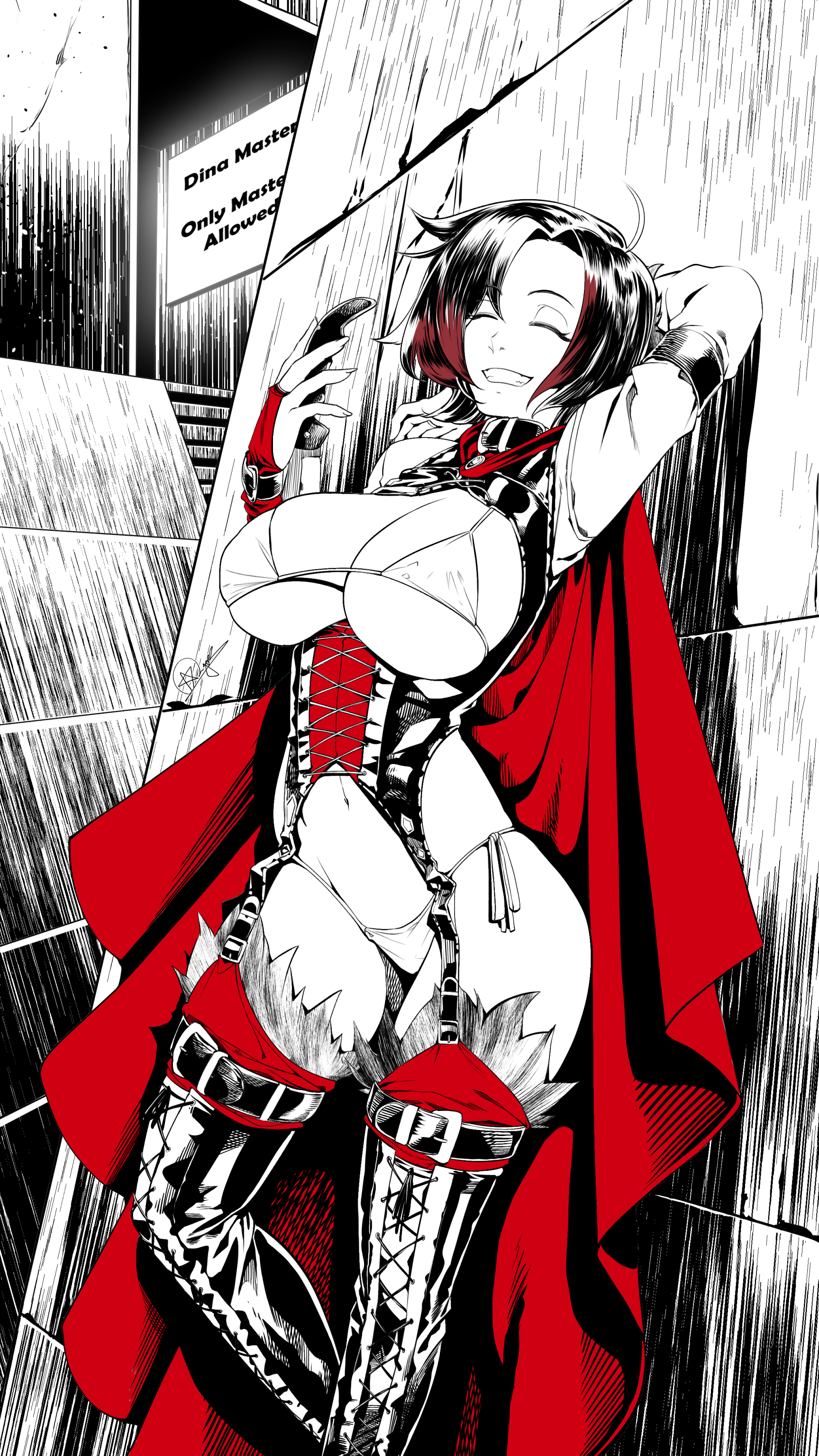 1girls, alternate costume, apocalipsejack, big breasts, cleavage, collar, collared, corset, female, female only, leather clothing, revealing clothes, ruby rose, rwby, skimpy bikini, skimpy clothes, slutty female