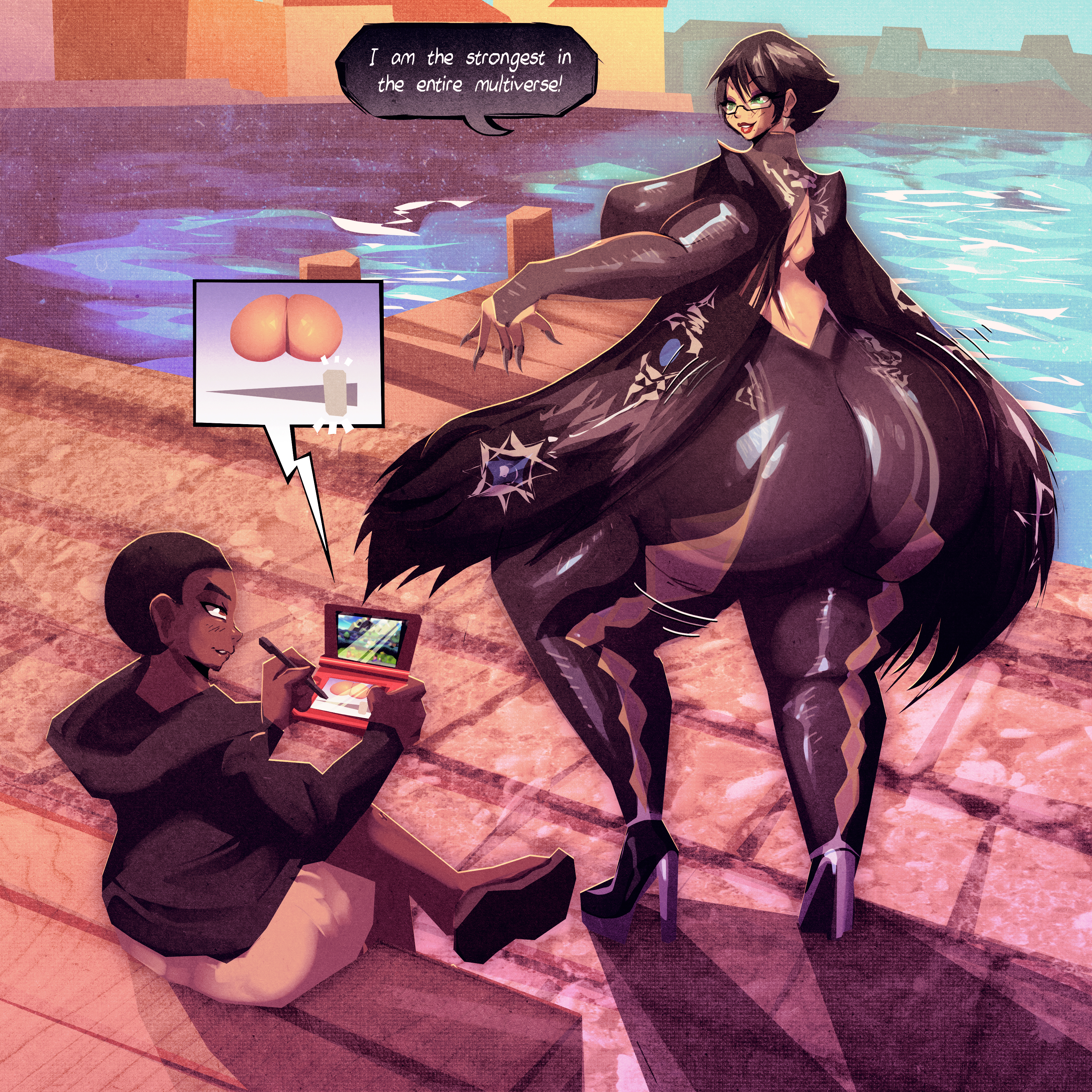 ass, ass expansion, ass growth, bayonetta, bayonetta (character), bayonetta 2, bbw, big ass, big butt, bottom heavy, breasts, bubble ass, bubble butt, fat ass, fat butt, female, growth, huge ass, huge breasts, huge butt, hyper ass, large ass, large butt, larger female, male, naughty face, nintendo, nintendo 3ds, riendonut, seductive, seductive smile, smaller male, smile, super smash bros., thick, thick ass, thick butt, thick thighs, wide hips