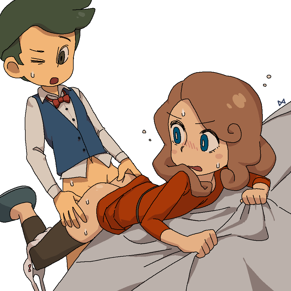 1boy 1girls blue_eyes blush bottomless brown_hair clothing clutching_sheets doggy_style female human katrielle_layton lakilolom layton's_mystery_journey level-5 looking_back male on_bed pale_skin panties_around_leg panties_around_one_leg professor_layton sweat thighhighs