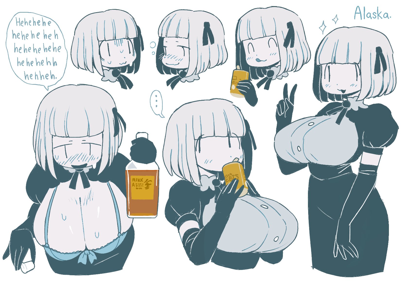 , 1girls, alaska (dizzyspells), bangs, big breasts, black and white, blush lines, bra, breasts, colorless, dizzyspells, dress, drunk, english text, female, hair ornament, huge breasts, large breasts, oc, original, original character, sweat, tagme, wardrobe malfunction
