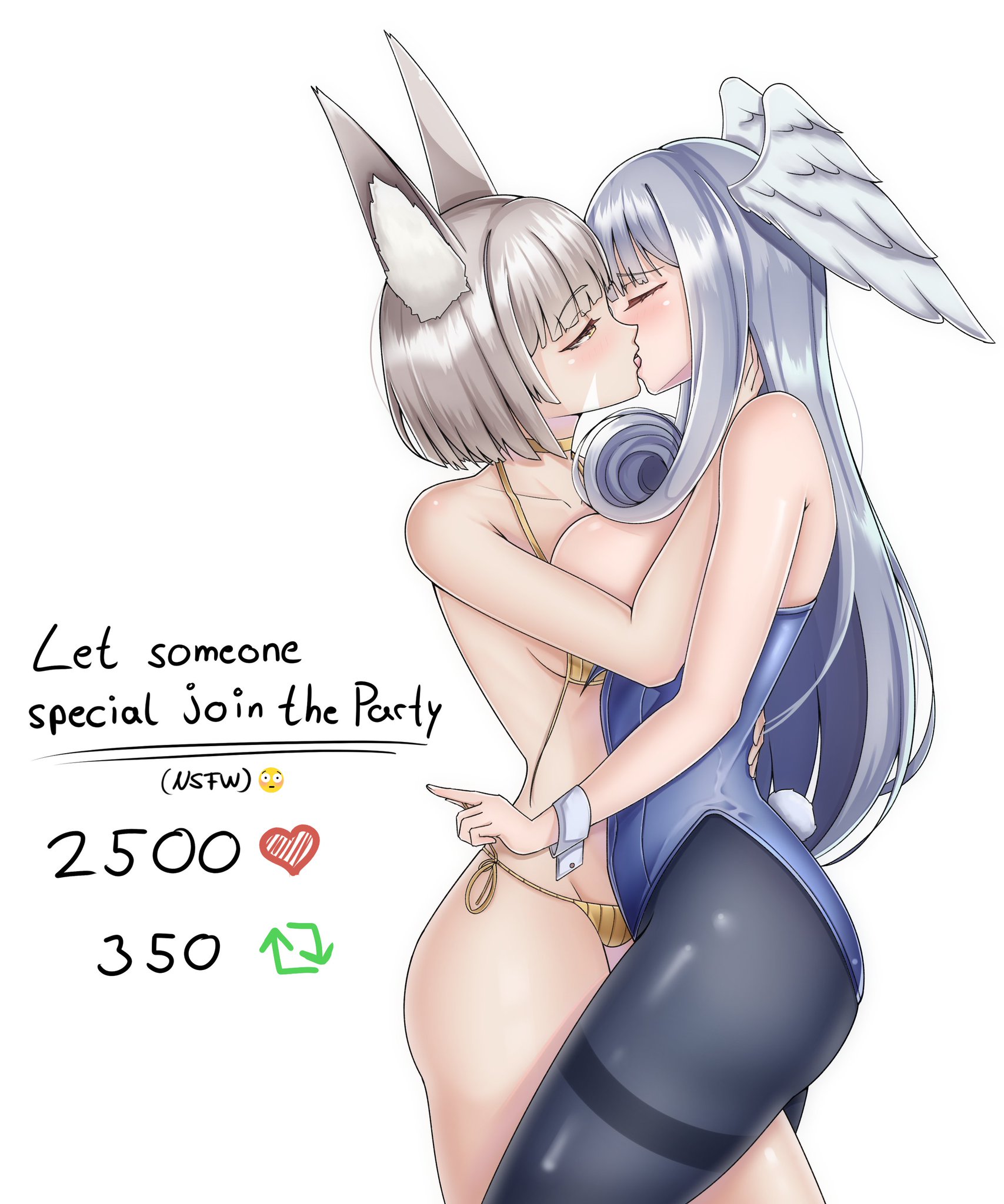 2girls, alternate costume, bikini, blush, blushing, breast press, breast squish, breasts, bunny ears, bunny tail, bunnysuit, cat ears, catgirl, choker, colored, cuff links, fake animal ears, fake tail, female, female only, kissing, large breasts, leggings, leotard, lesbian kiss, long hair, medium breasts, melia antiqua, melia antiqua (xenoblade 3), monolith soft, nia, nintendo, revealing clothes, succducc888, tagme, taking clothes off, text, tight clothing, tounge out, undressing, wings, wings on head, xenoblade (series), xenoblade chronicles 3, yellow eyes, yuri
