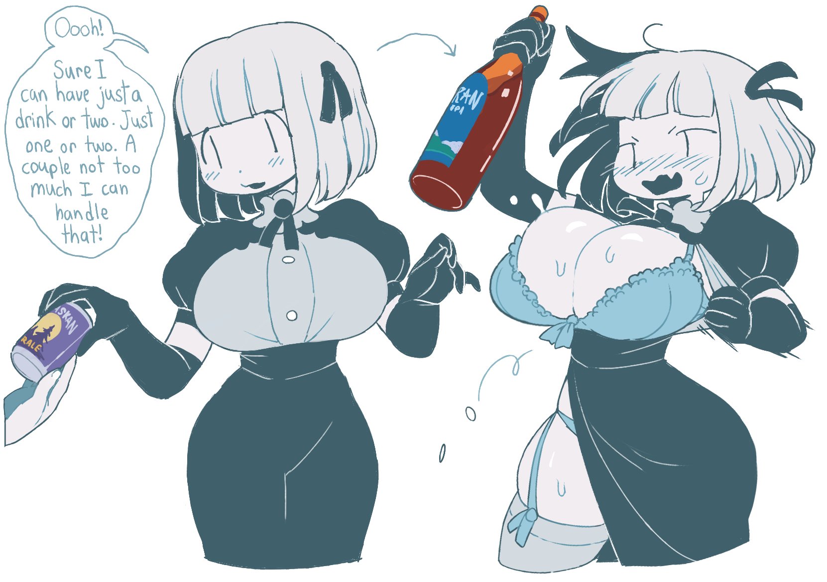 1girls, alaska (dizzyspells), bangs, big breasts, black and white, blush lines, bra, breasts, colorless, dizzyspells, dress, drunk, english text, female, hair ornament, huge breasts, large breasts, oc, original, original character, sweat, tagme, wardrobe malfunction
