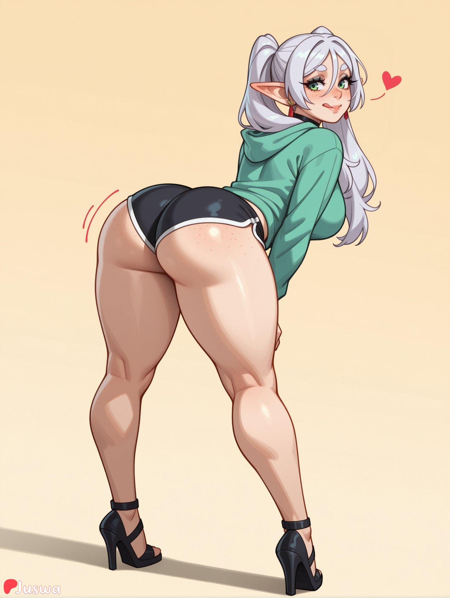 :q, 1girl, ai generated, ass, bent over, black footwear, black shorts, blush, boobs, breasts, cute, dolphin shorts, earrings, elf, freckles, from behind, full body, green eyes, green hoodie, grey hair, hair between eyes, heart, high heels, hood, hood down, hoodie, huge ass, huge breasts, jewelry, juswa, large ass, large breasts, legs, licking lips, long hair, looking at viewer, looking back, pointy ears, short shorts, shorts, simple background, smile, solo, standing, thicc, thick eyebrows, thick thighs, thighs, tongue, tongue out, twintails, watermark, yellow background