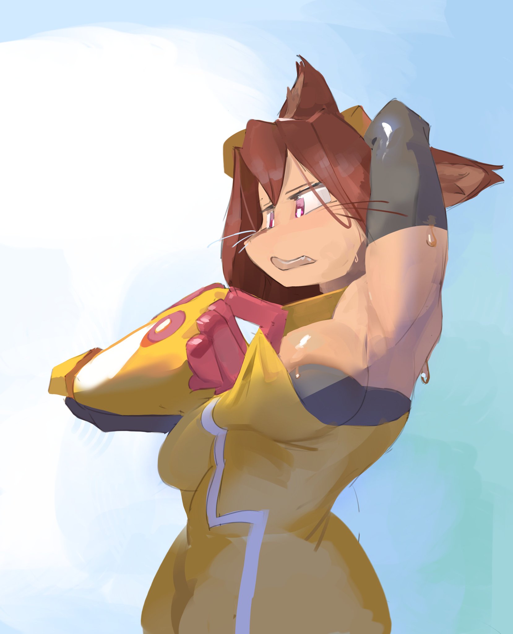 armpits, arms up, boobs, cat ears, cat tail, catgirl, curvy female, curvy figure, ebbedrawin, female only, gameoverse, gear, glitch productions, hero, hot weather, kit (gameoverse), kit bodega, sideboob, sky, sky background, solo, sportswear, sweatdrop, sweating