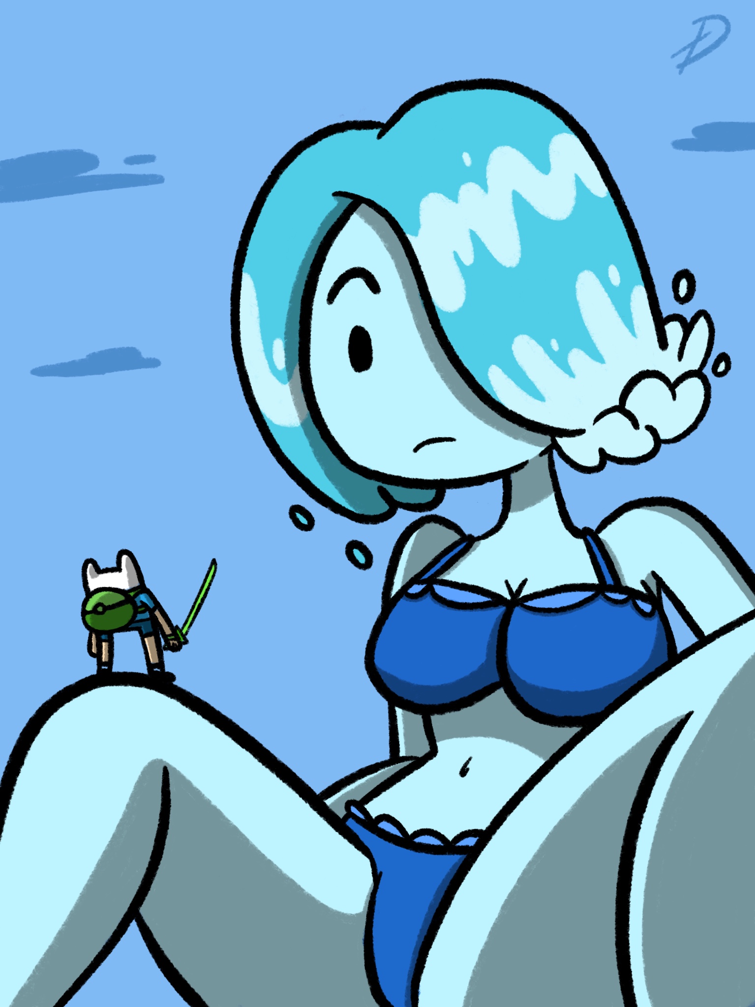 1girls, adventure time, bikini, carroll (adventure time), cartoon network, defmno, female, finn the human, giantess, larger female, male, size difference, smaller male, tagme, water nymph