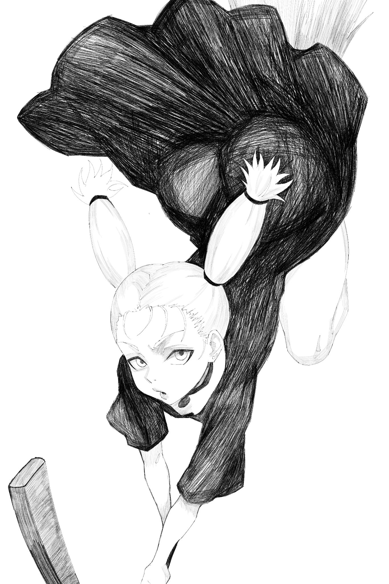 1girls, ass, big ass, broom, broom riding, bubble butt, female, female only, hair ribbon, hex mamaniac, jujutsu kaisen, monochrome, neckwear, nishimiya momo, shortstack, solo