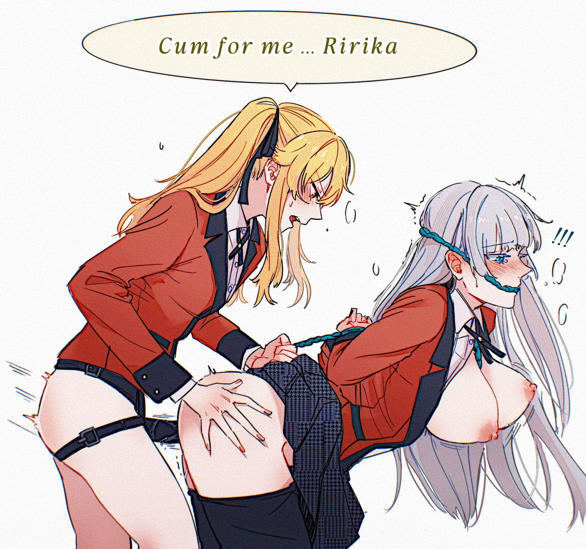2girls, areolae, blonde hair, blue eyes, blush, bondage, breasts, dogbrooo, female, female only, from behind, from behind position, fucked from behind, hi res, highres, kakegurui, lesbian sex, light skin, light-skinned female, momobami ririka, nipples, saotome mary, sex from behind, strap-on, thighs, tied up, vaginal penetration, white background, white hair, yuri
