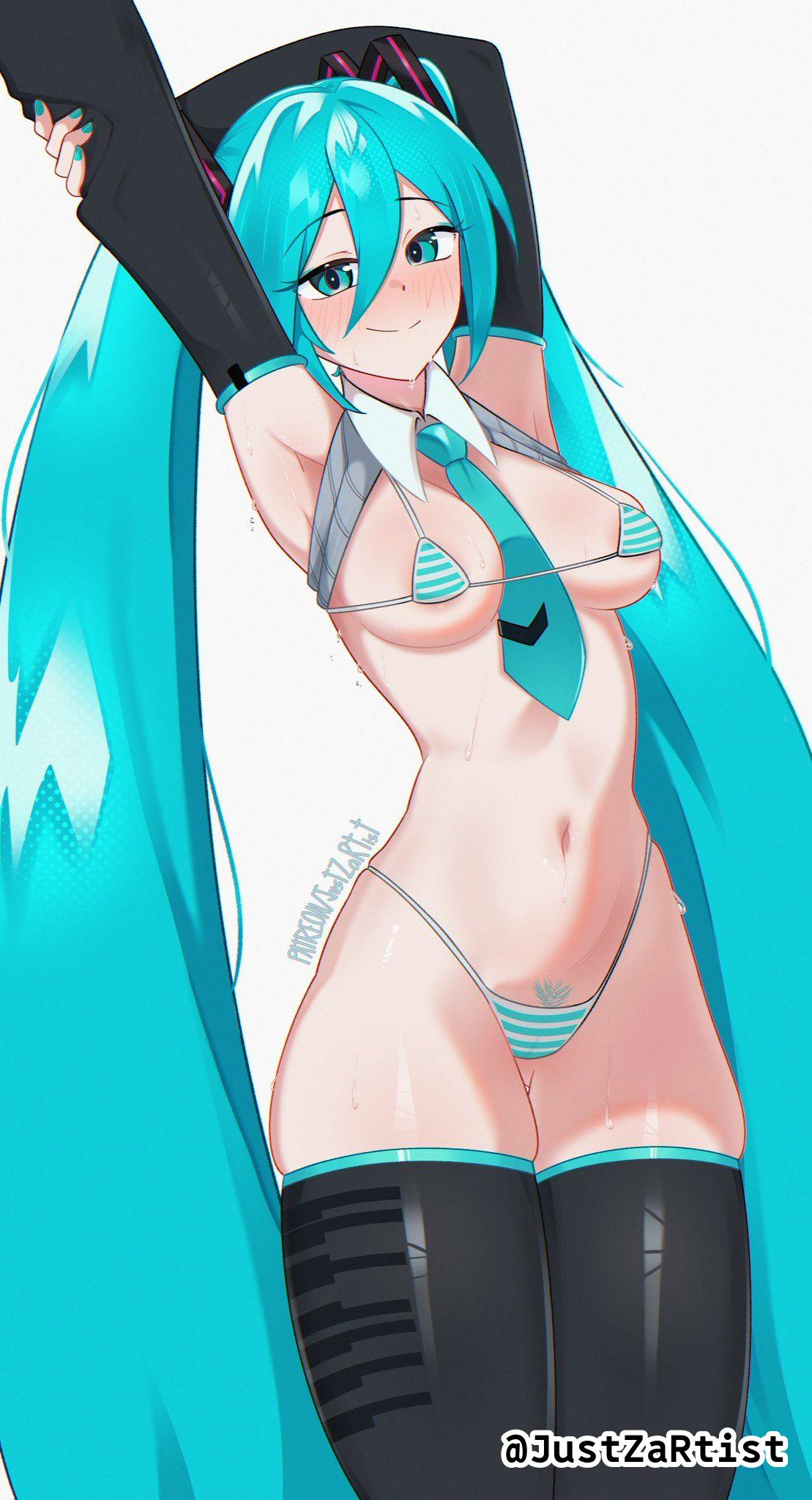 1girls, 2d, 2d (artwork), 2d artwork, absurdly long hair, almost naked, almost nude, areola, areola slip, areolae, areolae slip, arm behind head, armpit, armpit crease, armpit peek, armpits, arms above head, arms up, average breasts, bare armpits, bare belly, bare chest, bare hands, bare hips, bare midriff, bare navel, bare shoulders, bare skin, belly, belly button, bikini, bikini bottom, bikini top, black legwear, black stockings, black thigh highs, black thighhighs, blue bikini, blue bikini bottom, blue bikini top, blue eyebrows, blue eyes, blue fingernails, blue hair, blue micro bikini, blue nail polish, blue nails, blue necktie, blue string bikini, blue swimsuit, blue swimwear, blue-eyed female, blue-haired female, blush face, blush lines, blushing, blushing at viewer, blushing female, blushing lines, breasts, closed mouth smile, collar, collarbone, curvaceous, curvaceous body, curvaceous female, curvaceous figure, curvaceous hips, curvy, curvy body, curvy female, curvy figure, curvy hips, cyan eyes, cyan hair, cyan-eyed female, cyan-haired female, digital, digital art, digital drawing, digital drawing (artwork), digital media, digital media (artwork), drawing, exposed, exposed armpits, exposed belly, exposed chest, exposed hips, exposed midriff, exposed navel, exposed shoulders, exposed skin, eyebrows visible through hair, female, female focus, female only, female pubic hair, female torso, fingernails, fingers, flushed, flushed face, groin, hair between eyes, hair ornament, hair ornaments, hairless armpits, halterneck, hand behind head, hands above head, hands up, hatsune miku, high resolution, highres, hourglass figure, inframammary fold, inguinal crease, inguinal ligament, justzartist, lean figure, legs closed, legs together, legwear, long hair, looking at viewer, medium breasts, micro bikini, midriff, mostly nude, nail polish, nails, naked, naked female, naked woman, narrow waist, navel, nearly nude, necktie, nude, nude female, nudity, pink areola, pink areolae, posing, posing for the viewer, posing naked, posing nude, practically nude, pubes, pubes exposed, pubic hair, pussy hair, shaped pubic hair, shaved armpits, shoulders, simple background, skindentation, slender body, slender waist, slim female, slim waist, small bikini, smile, smiley face, smiling, smiling at viewer, solo, sparse pubic hair, standing, stockings, string bikini, striped bikini, striped bikini bottom, striped bikini top, striped micro bikini, striped string bikini, striped swimsuit, striped swimwear, sweat, sweat on body, sweat on breasts, sweat on face, sweat on stomach, sweatdrop, sweating, sweaty, sweaty belly, sweaty body, sweaty breasts, sweaty chest, sweaty face, sweaty female, sweaty legs, sweaty thighs, swimsuit, swimwear, thick thighs, thigh highs, thighhighs, thighs, thighs together, thong, thong bikini, twintails, twintails (hairstyle), upper body, very long hair, very long hair female, vocaloid, voluptuous, voluptuous body, voluptuous female, voluptuous figure, voluptuous woman, white background, white collar, wide hips
