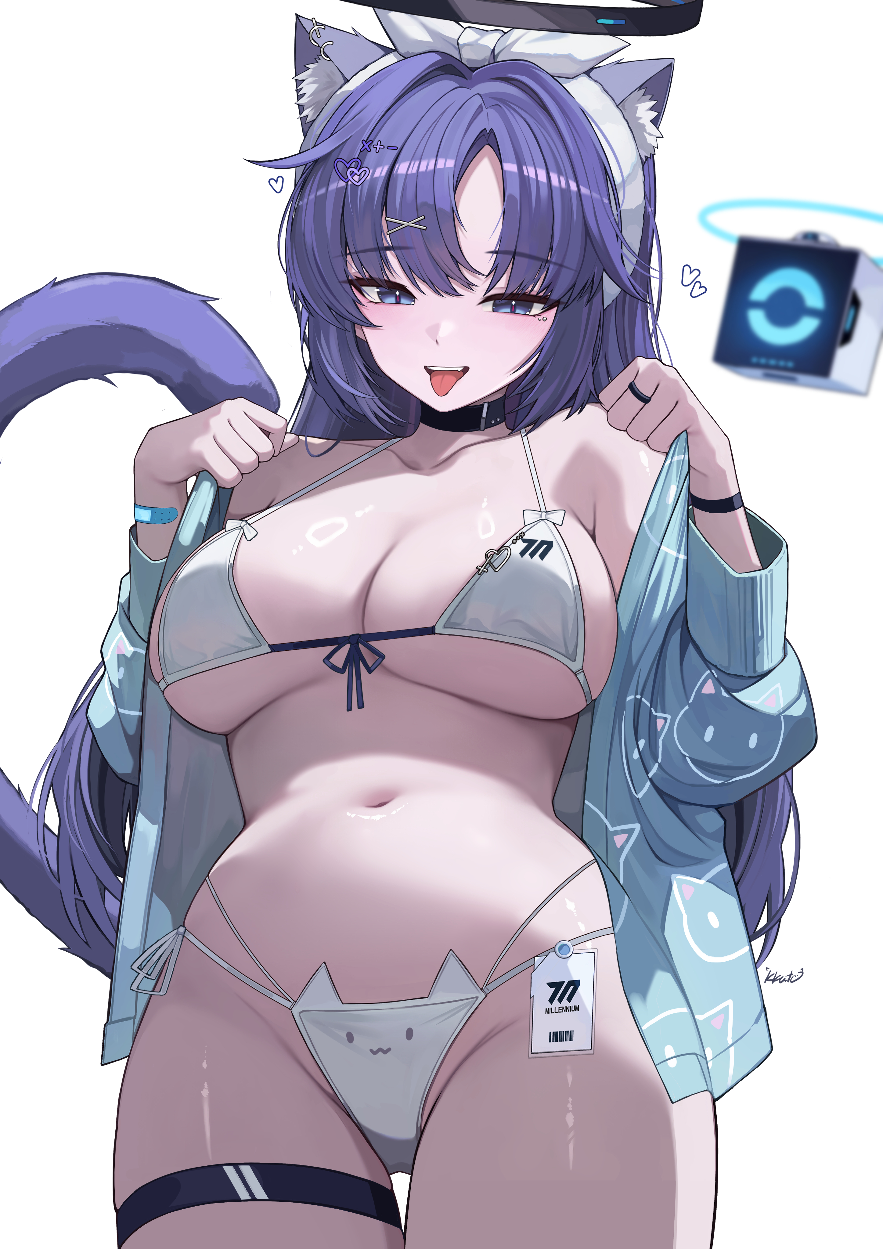 1girls, absurdres, animal ear fluff, animal ears, animal print, bikini, black halo, blue archive, blue shirt, blush, bow hairband, cat ears, cat girl, cat print, cat tail, commentary, english commentary, female, female only, hair down, hairband, halo, highres, kkato, long hair, looking at viewer, navel, open clothes, open mouth, open shirt, purple eyes, purple hair, shirt, solo, swimsuit, tail, thigh strap, tongue, tongue out, white background, white bikini, white hairband, yuuka (blue archive), yuuka (pajamas) (blue archive)
