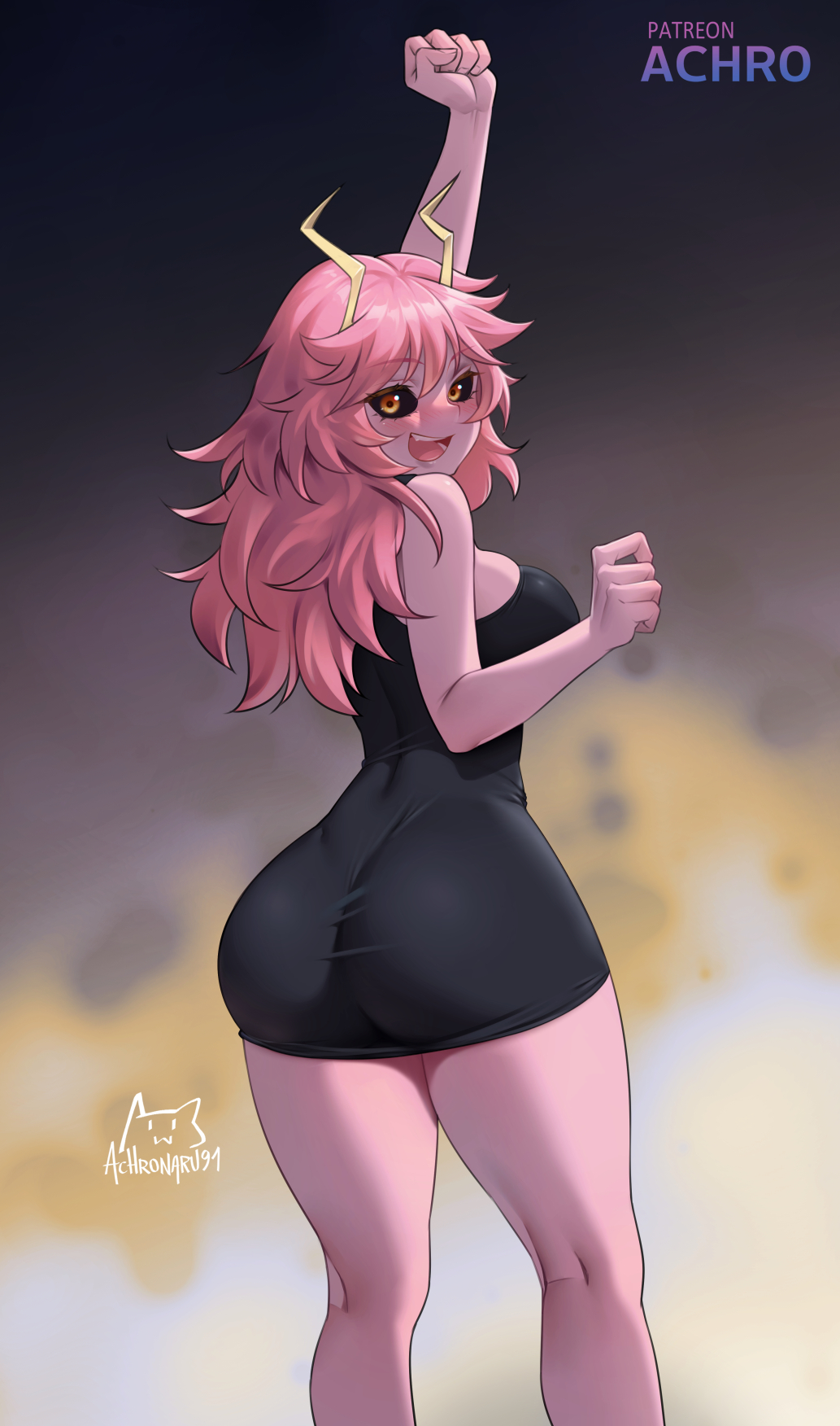 1girls, achromaru, ashido mina time-skip, ass, boku no hero academia, boku no hero academia (finale), dress, female, female focus, female only, female thick thighs, long hair, mina ashido, mina ashido curvy (meme), mina ashido time-skip, my hero academia, my hero academia (finale), pink body, pink hair, post-timeskip, solo, thick thighs, thighs, wide hips
