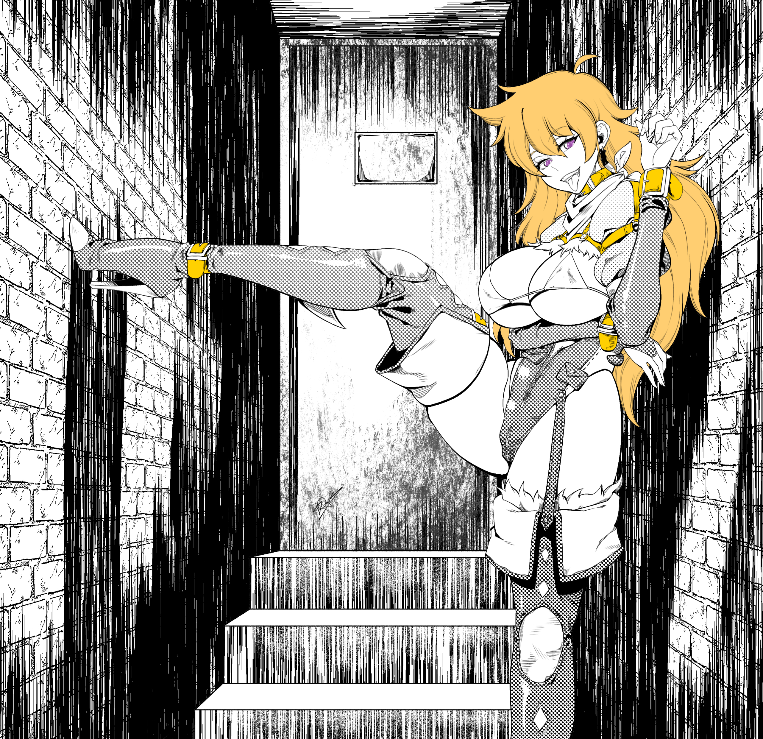 1girls, alternate costume, apocalipsejack, arm under breasts, big breasts, bikini top only, blonde hair, bodysuit, busty, cleavage, collar, cuffs, female, female only, high heels, large breasts, legs, leotard, naughty face, open mouth, purple eyes, revealing clothes, rwby, skimpy bikini, skimpy clothes, slutty female, smile, thighs, tongue, tongue out, unzipped, voluptuous, yang xiao long
