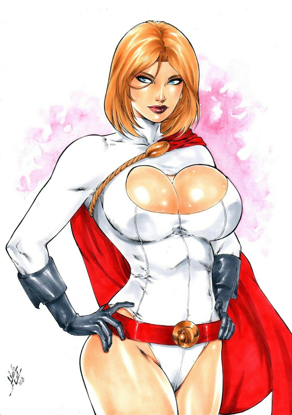 1girls 2019 belt big_breasts blonde_hair blue_eyes blue_gloves breasts busty cape cleavage cleavage_cutout cleavage_overflow cowboy_shot dated dc dc_comics earth-2 earth2 earth_2 ed_benes_studio eyeshadow female female_only gloves hands_on_hips jsa justice_society justice_society_of_america karen_starr kryptonian lanio_sena large_breasts leotard lipstick makeup mascara pinup power_girl red_belt red_cape red_lips red_lipstick short_hair signature solo superheroine thighs white_leotard