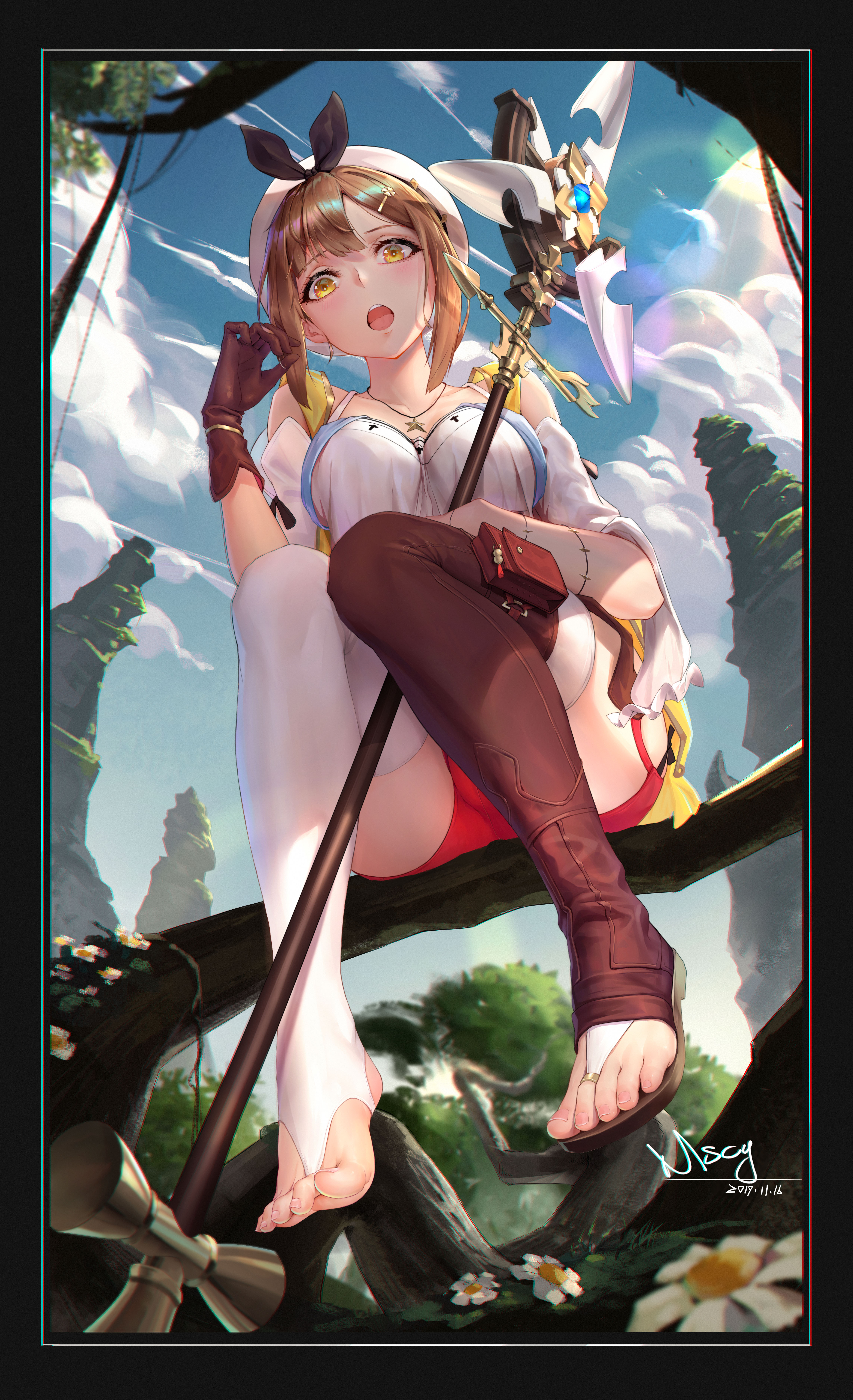 absurdres, atelier (series), atelier ryza, bangs, barefoot, beret, black border, black ribbon, boots, border, breasts, bridal legwear, brown footwear, brown gloves, camisole, cleavage, cloud, cloudy sky, collarbone, dated, day, eyebrows visible through hair, feet, female, flower, foot fetish, from below, full body, gloves, hair ornament, hairclip, hat, hat ribbon, highres, jewelry, large breasts, lens flare, looking at viewer, looking down, miyama tsubaki me, necklace, off shoulder, open mouth, open toe shoes, outdoors, outside, pendant, pink nails, pink toenails, pouch, red shorts, reisalin stout, ribbon, short hair, short shorts, shorts, sidelocks, signature, single glove, sitting, sky, soles, solo, staff, star, star necklace, sunlight, thigh boots, thighhighs, toeless legwear, toeless socks, toenail polish, toenails, toes, tree branch, white flower, white headwear, white legwear, yellow eyes