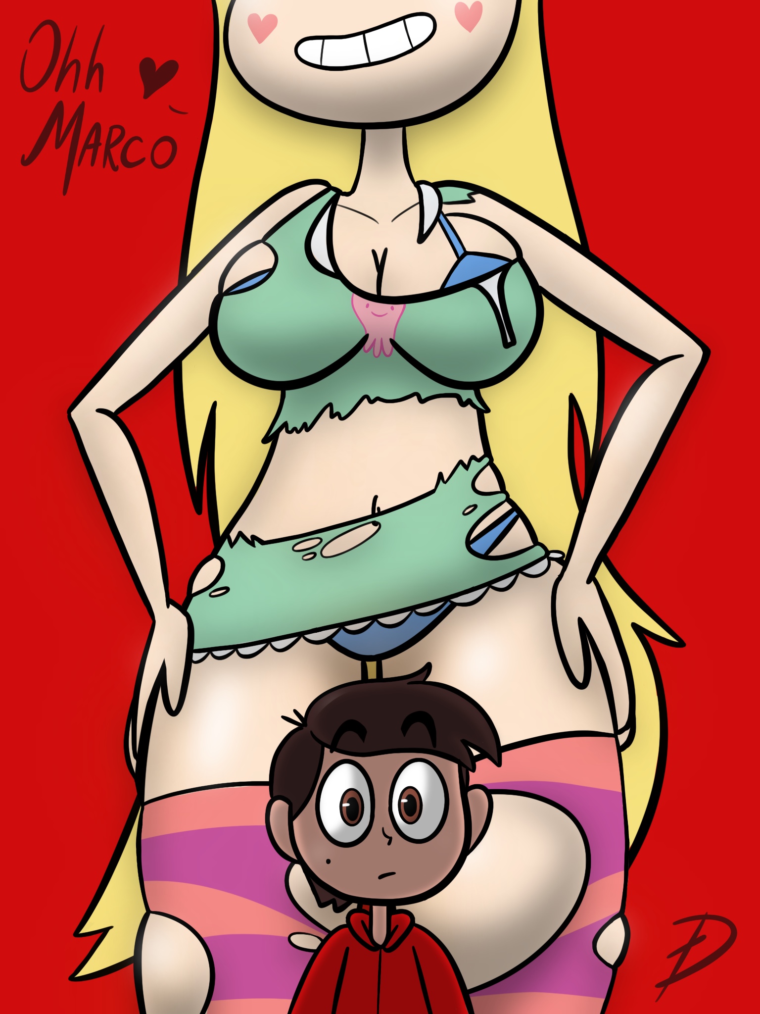 amazon, big breasts, blonde hair, breasts, defmno, disney, female, giantess, growth, height difference, large female, marco diaz, mini giantess, ripped clothing, size difference, star butterfly, star vs the forces of evil, thick thighs, tight clothing