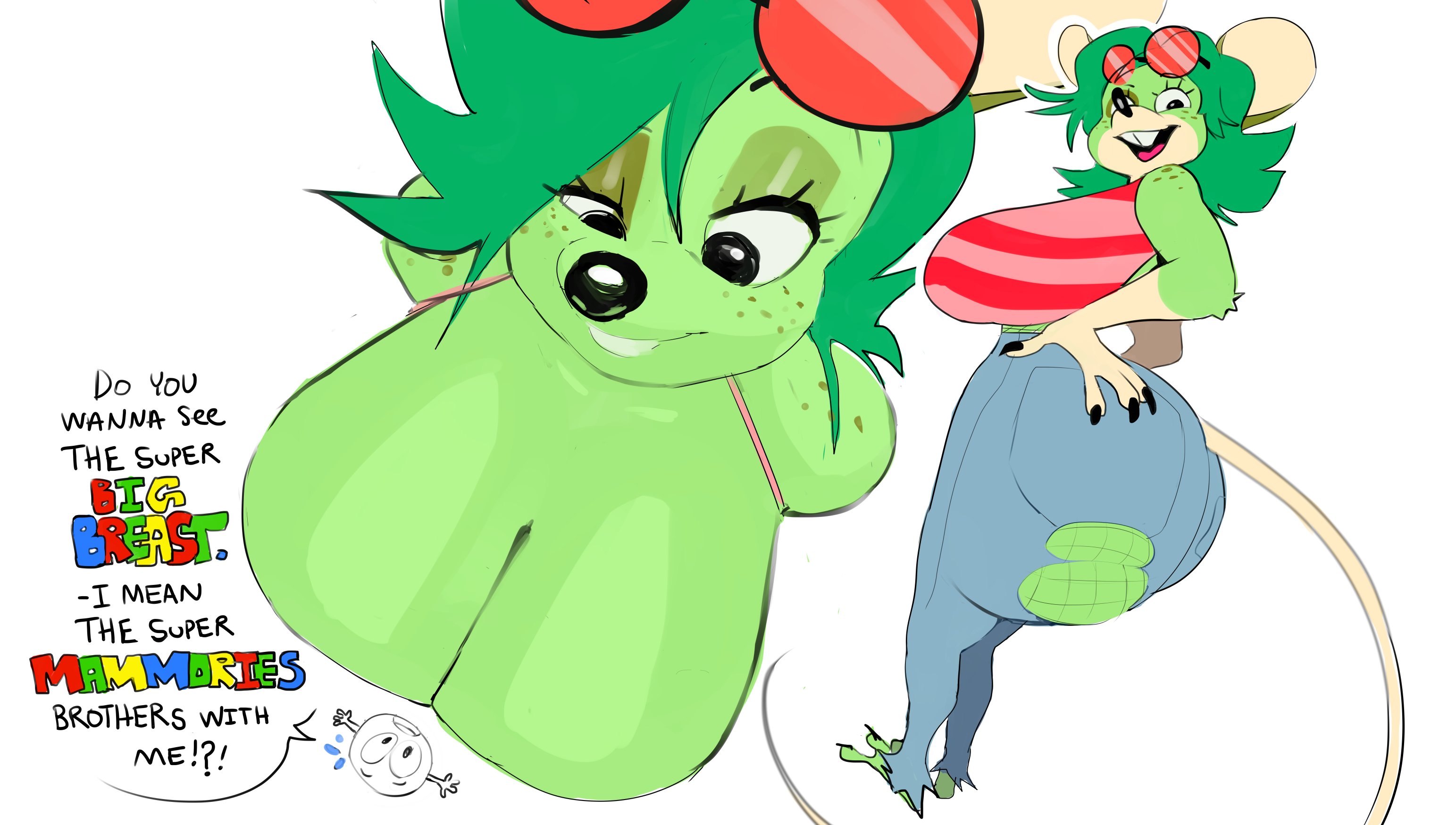 ass, ass focus, big ass, big breasts, breasts, breasts bigger than head, breasts focus, breasts out, breasts squeezed together, eyelashes, female, female focus, fur, furry, furry female, fursona, glasses, glasses on head, green body, green fur, green hair, green skin, mouse, mouse ears, mouse girl, rat, rat ears, rat girl, rat tail, red glasses, reevie (reevierat), ripped clothes, ripped clothing, ripped pants, sona, twitter, twitter user oc, vimhomeless, wardrobe malfunction