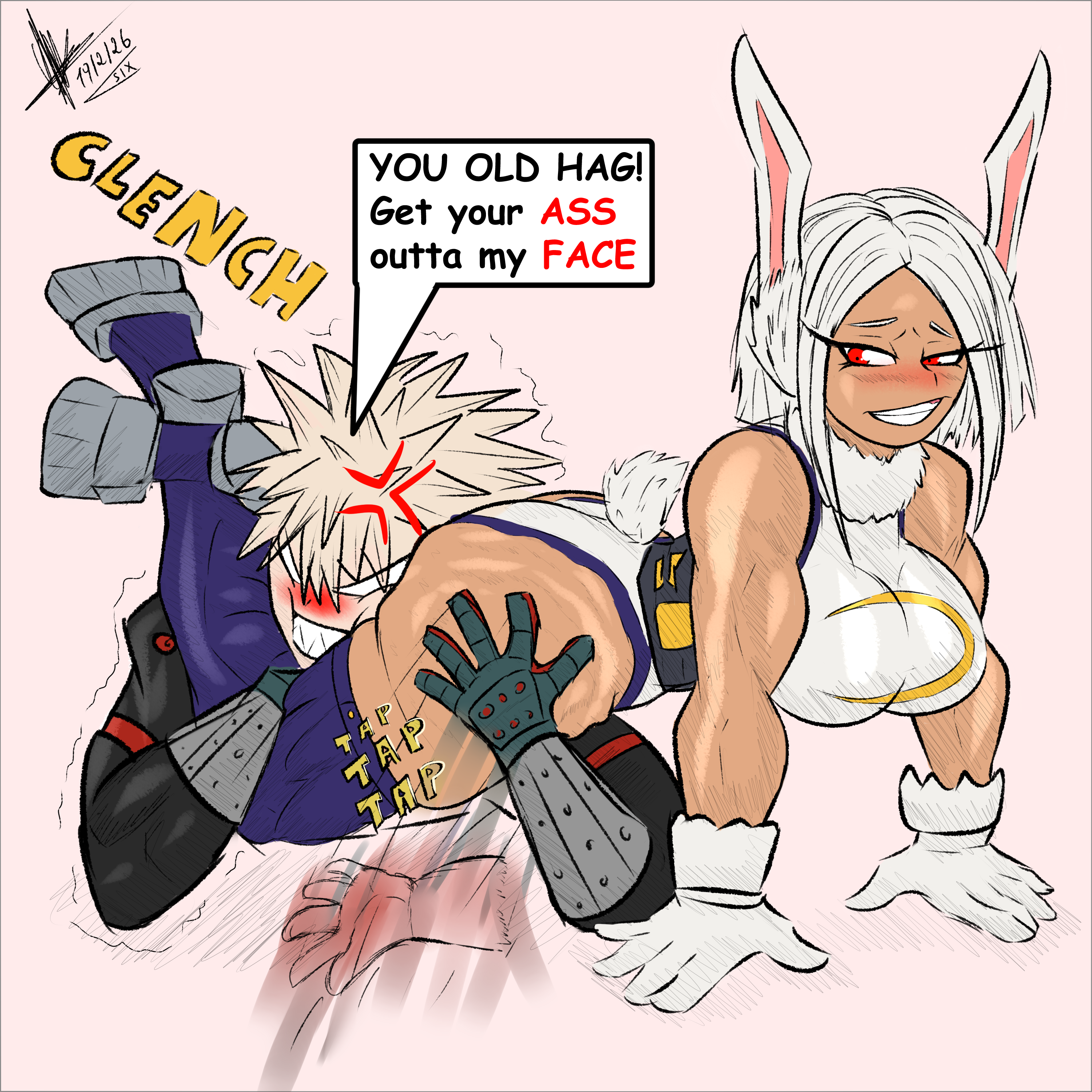 1boy, 1girls, anger vein, animal ears, annoyed, annoyed expression, ass, ass slap, between thighs, big ass, big breasts, blonde hair, blush, breasts, bubble butt, clothing, dark skin, dark-skinned female, dialogue, fat ass, female, head between thighs, headscissor, hero outfit (mha), huge ass, katsuki bakugou, large ass, light skin, light-skinned male, male, miruko, muscular, muscular female, my hero academia, png, rumi usagiyama, sixpathoffriendship, slapping ass, spanking, tail, talking to another, text, thick ass, thick thighs, thunder thighs, toned, toned female, white hair, wide hips