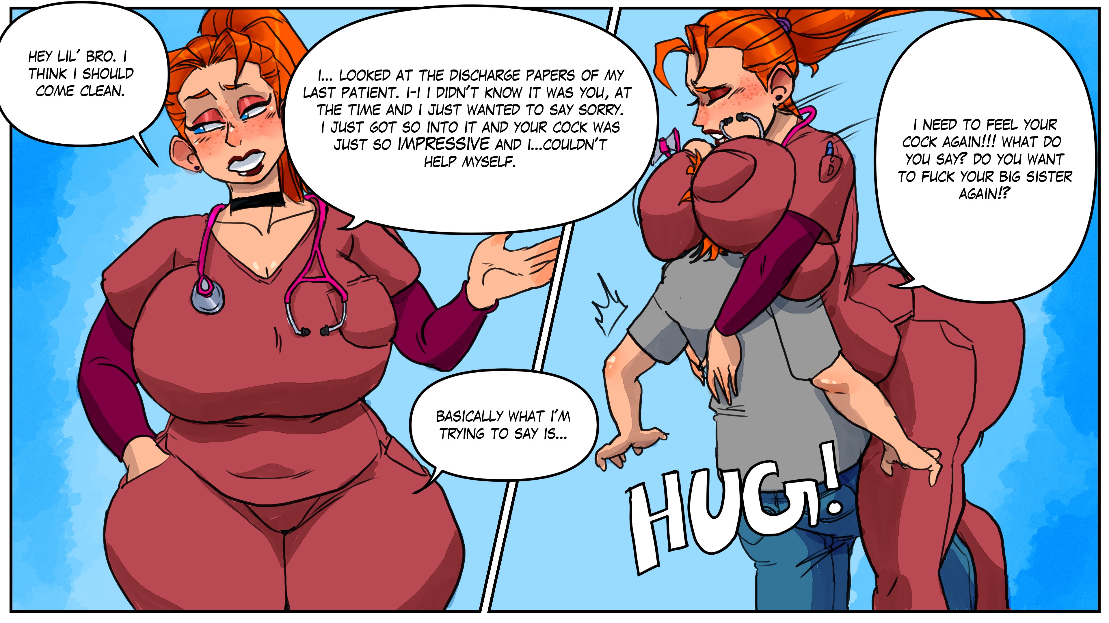 1boy, 1girls, 2d, brother, brother and sister, busty, comic, dialogue, english text, female, female focus, ginger, hourglass figure, imminent incest, imminent sex, incest, incestuous desire, incestuous fantasy, long hair, male, nurse, orange hair, original, short hair, siblings, sisters, smmyart, speech bubble, wide hips
