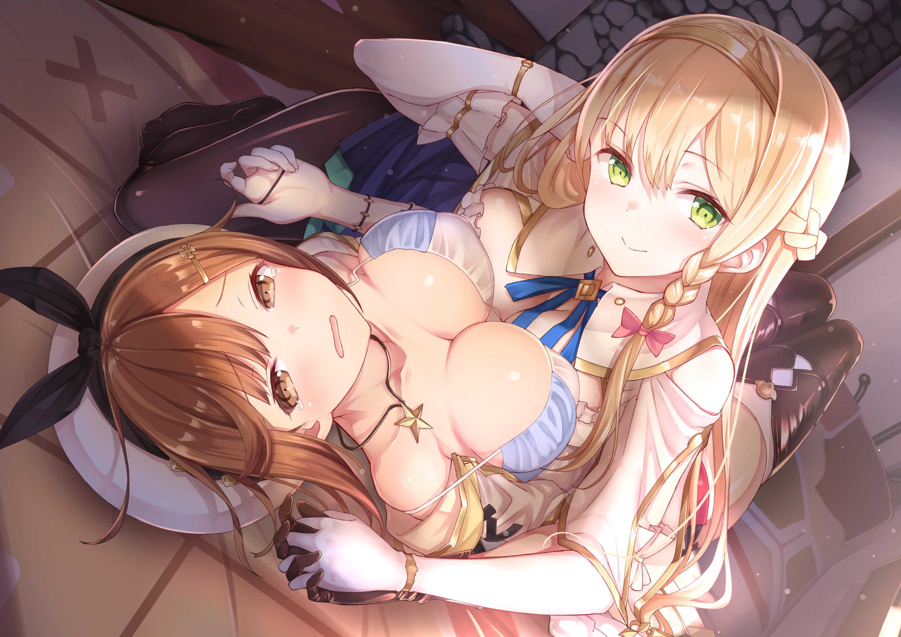 2girls, atelier (series), atelier ryza, blonde hair, breasts, brown hair, female, female only, holding hands, horny, klaudia valentz, large breasts, on back, reisalin stout, tears, white land, yuri
