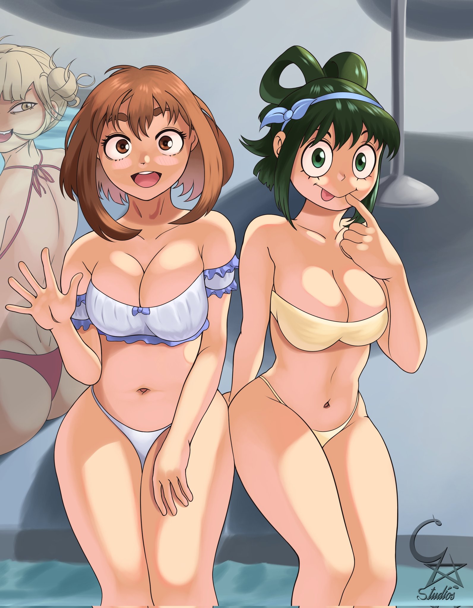 3girls, asui tsuyu, cockstar studios, female, female only, himiko toga, my hero academia, ochako uraraka