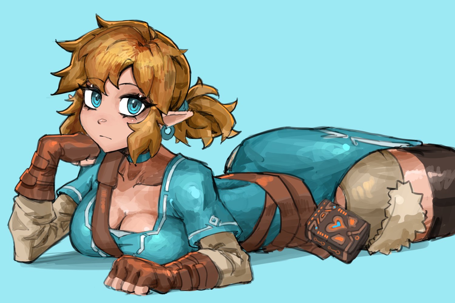 ass, blonde hair, blue eyes, breasts, choker, cleavage, earrings, female, female only, gloves, hand on face, link, link (breath of the wild), lying, lying on stomach, rule 63, safe, saiykik, short hair, shorts, slim waist, stockings, tagme, the legend of zelda, thick thighs, tied hair, tight clothing, tunic, voluptuous, wide hips