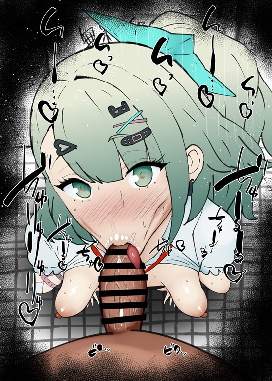 :>=, 1boy, 1girls, angels of delusion, bare shoulders, big penis, blush, breasts, censored, chinatsu remiel, colored, dark skin, dark-skinned male, detailed background, drooling, earrings, erect nipples, eyelashes, fellatio, female, green eyes, green hair, hairclip, heart, hoyoverse, human, indoor, inside, interracial, kurotama, looking at viewer, male, male pov, oral, oral sex, penis, ponytail, room, saliva, shiny, shiny skin, short hair, sketch, small breasts, sound effects, squatting, sunna (zenless zone zero), sweat, text, tied hair, tongue, tongue out, vein, veins, veiny, veiny penis, visor, zenless zone zero