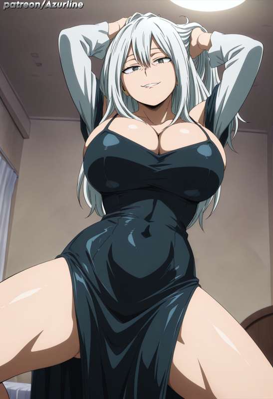 1girls, ai generated, azurline, big breasts, biting lip, black dress, boku no hero academia, female, female only, huge breasts, large breasts, milf, my hero academia, rei todoroki, solo female, thick thighs, tight clothing, todoroki rei, white hair