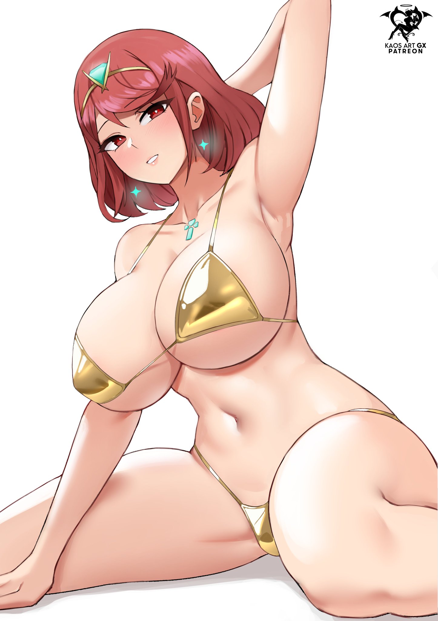 1girls, alternate costume, bikini, breasts, colored, core crystal, core crystal (xenoblade), earrings, female, female only, golden bikini, golden week, hand behind head, huge breasts, jewlery, kaos art, looking at viewer, monolith soft, navel, nintendo, pyra, red eyes, red hair, swimsuit, tagme, thick thighs, thighs, tiara, xenoblade (series), xenoblade chronicles 2