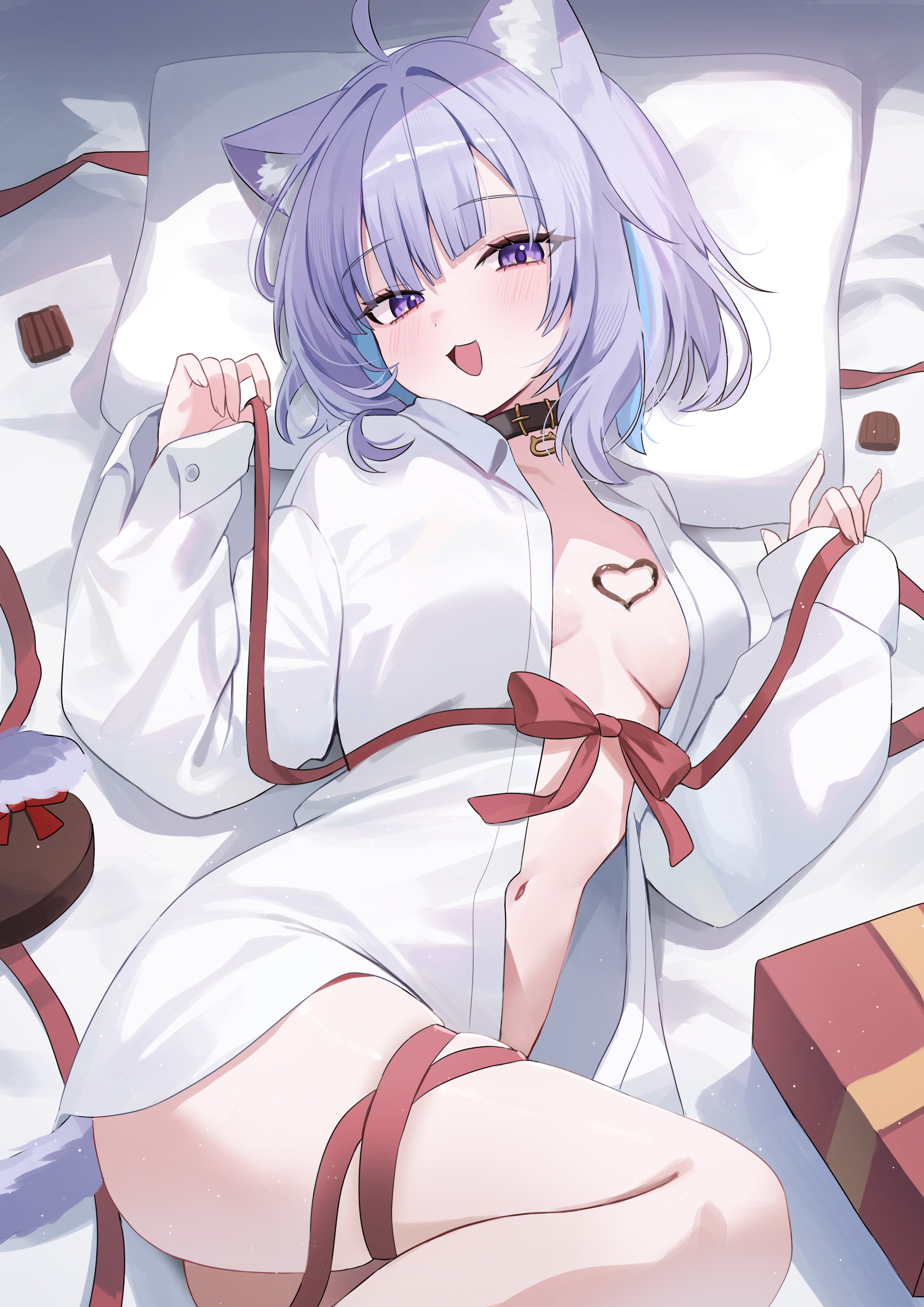 :3, 1girls, absurdres, ahoge, animal ears, black choker, box, breasts, cat ears, cat girl, chocolate, choker, collared shirt, colored inner hair, commentary, female, female only, head tilt, highres, hololive, looking at viewer, medium breasts, multicolored hair, naked shirt, nannung, navel, nekomata okayu, nekomata okayu (oversized shirt), official alternate costume, open clothes, open mouth, open shirt, purple eyes, purple hair, red ribbon, ribbon, shirt, short hair, smile, solo, stomach, untranslatable commentary, valentine, virtual youtuber, white shirt