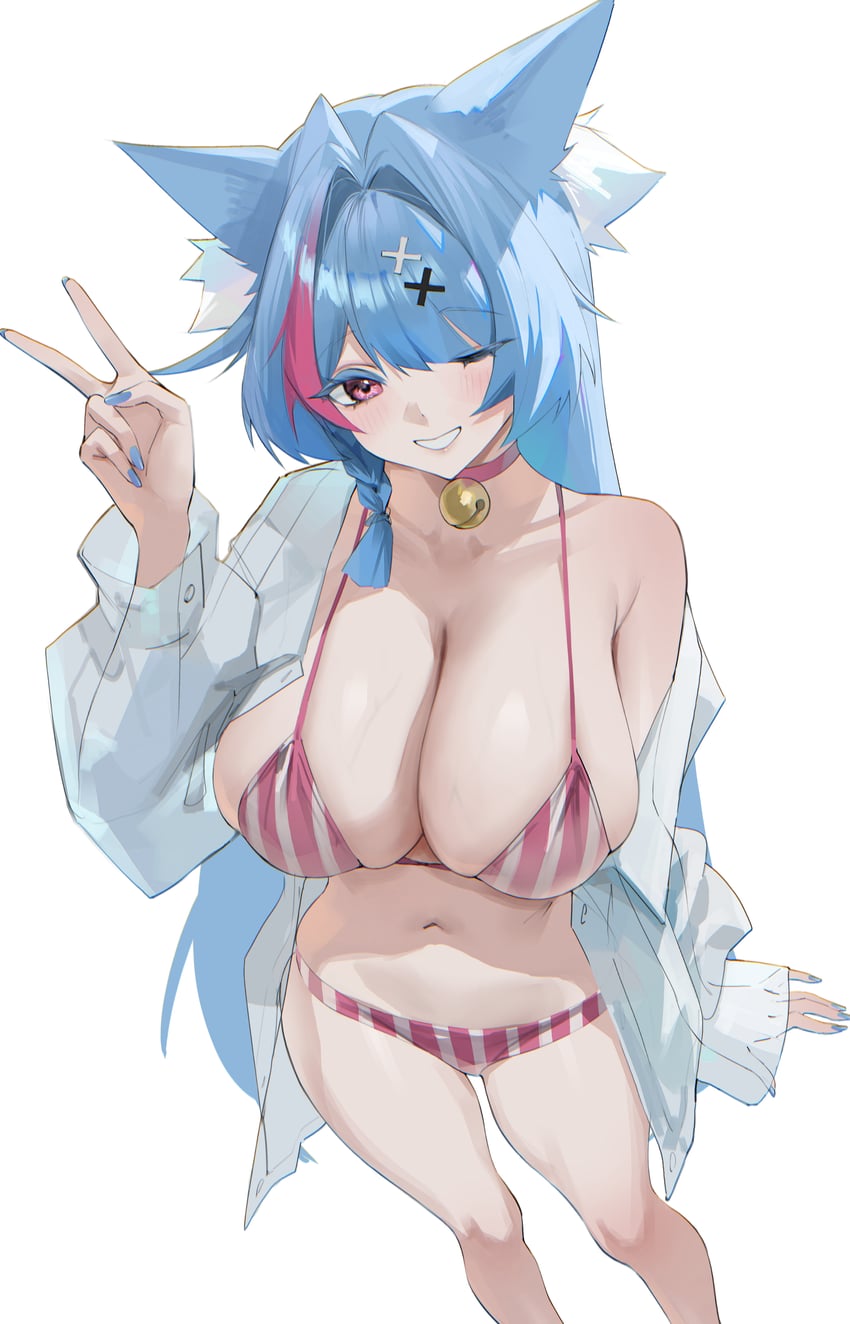 1girl, absurdres, animal ear fluff, animal ears, annlee, bell, blue hair, blue nails, blush, bra, braid, breasts, cat ears, cat girl, cleavage, collarbone, commentary, female, female only, hair ornament, hand up, highres, jingle bell, large breasts, long hair, long sleeves, looking at viewer, loungewear, mint (leisurely holiday) (neverness to everness), mint (neverness to everness), multicolored hair, nail polish, navel, neck bell, neverness to everness, official alternate costume, one eye closed, open clothes, open shirt, panties, parted lips, pink bra, pink eyes, pink panties, pink streaks, shirt, sideboob, simple background, single bare shoulder, smile, solo, standing, stomach, streaked hair, striped bra, striped clothes, striped panties, tagme, thighs, underwear, vertical-striped bra, vertical-striped clothes, vertical-striped panties, very long hair, white background, white shirt, x hair ornament