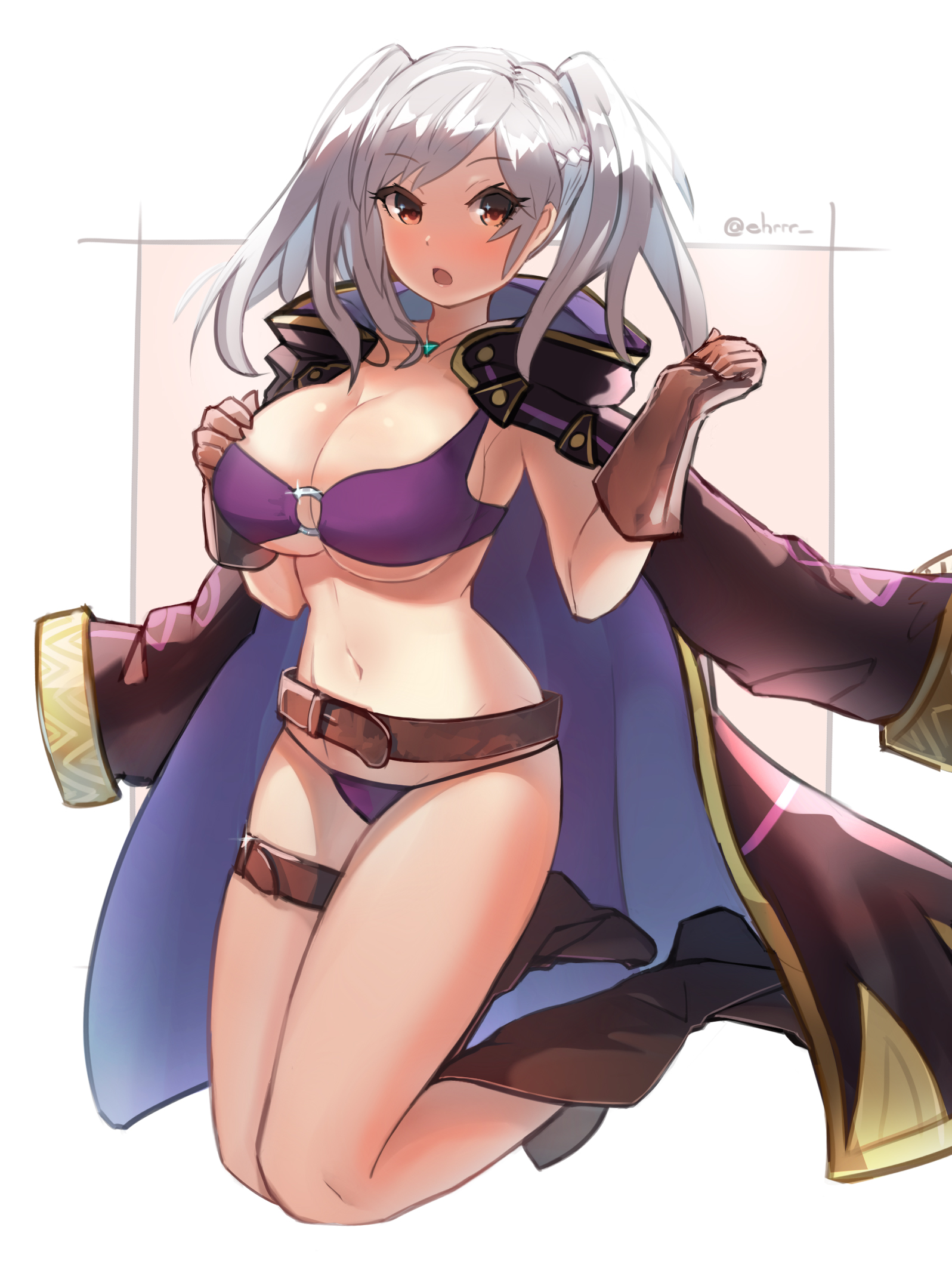 1girls, belt, bikini, breasts, ehrrr, female, female only, fire emblem, fire emblem awakening, fire emblem heroes, gold eyes, large breasts, robin (fire emblem), robin (fire emblem) (female), solo, swimsuit, tagme, thick thighs, thigh belt, twintails, white hair