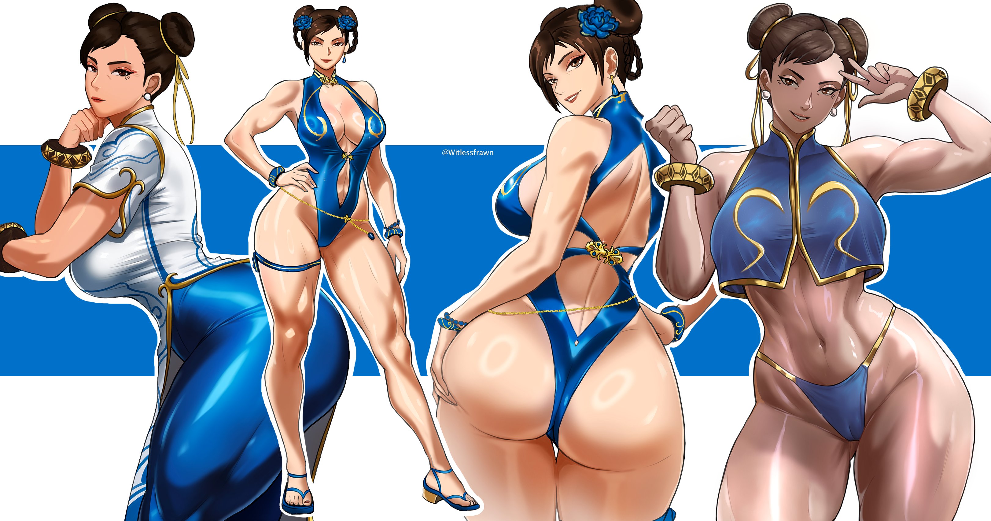 1girl, absurdres, artist name, ass, ass lift, ass support, back, back cutout, bare shoulders, big breasts, blue bodysuit, blue flower, blue one-piece swimsuit, bodysuit, bracelet, bracelets, breasts, brown eyes, brown hair, bun cover, cameltoe, capcom, china dress, chinese clothes, chun-li, chun-li (street fighter 6), cleavage, clothing cutout, commentary, double bun, dress, earrings, english commentary, flower, grabbing own ass, hair bun, hair flower, hair ornament, hand on own hip, hands on own ass, highres, huge ass, jewelry, large breasts, looking back, mature female, milf, navel, one-piece swimsuit, pelvic curtain, short hair, short sleeves, simple background, spiked bracelet, spikes, street fighter, street fighter 6, studded bracelet, thick thighs, thigh strap, thighs, twitter username, unitard, witlessfrawn