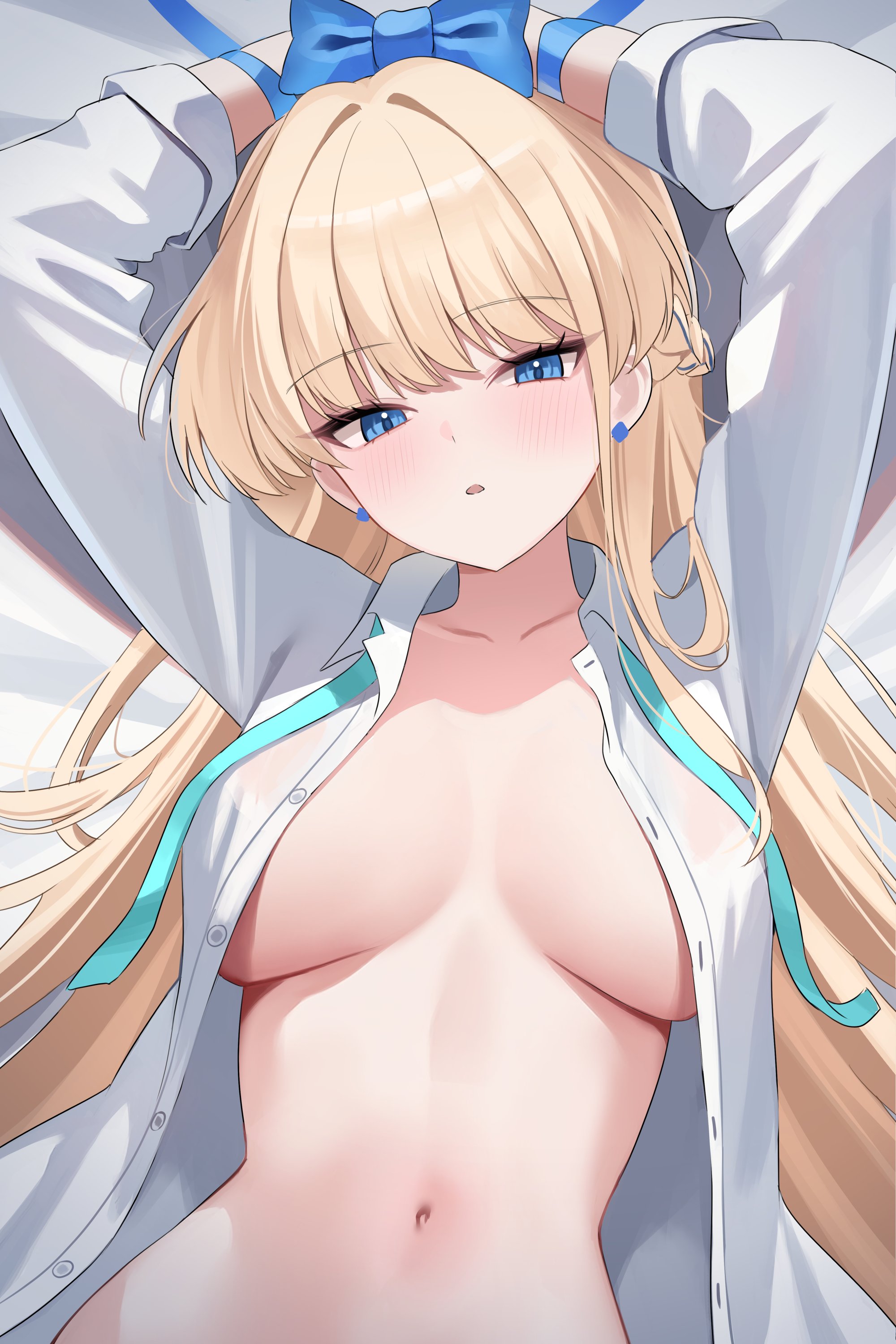1girls, absurdres, arms above head, belly button, blonde hair, blue archive, blue eyes, blue ribbon, blush, breasts, collarbone, crown braid, dress shirt, earrings, female, female only, hair intakes, highres, inner sideboob, large breasts, long hair, long sleeves, looking at viewer, lying, nannung, navel, on back, open clothes, open shirt, restrained, ribbon, shirt, solo, stomach, toki (blue archive), white shirt