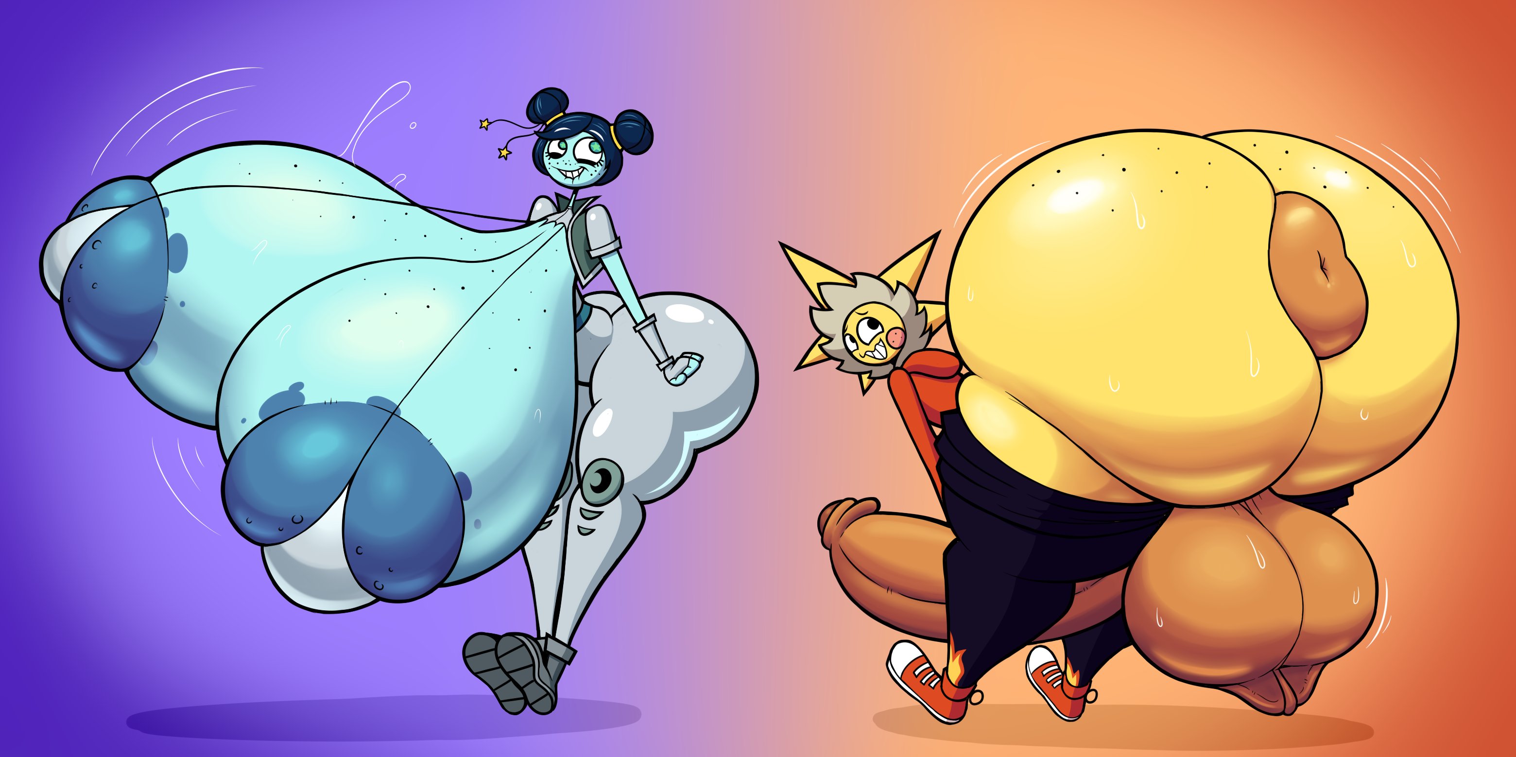 1boy, 1girls, anus, ass, ass bigger than head, balls, big ass, big breasts, big penis, blue body, blue hair, breasts, breasts bigger than head, bubble butt, colored skin, explorer luna, femboy, fortnite, fortnite: battle royale, gigantic ass, gigantic breasts, gigantic penis, goobabooba, huge ass, huge breasts, huge cock, hyper anus, hyper ass, hyper balls, hyper breasts, hyper penis, large ass, large breasts, large penis, looking back, massive ass, massive breasts, massive penis, moon, pants down, penis, puffy anus, sun, sunspot (fortnite), testicles, thick thighs, thunder thighs, wide hips, yellow body