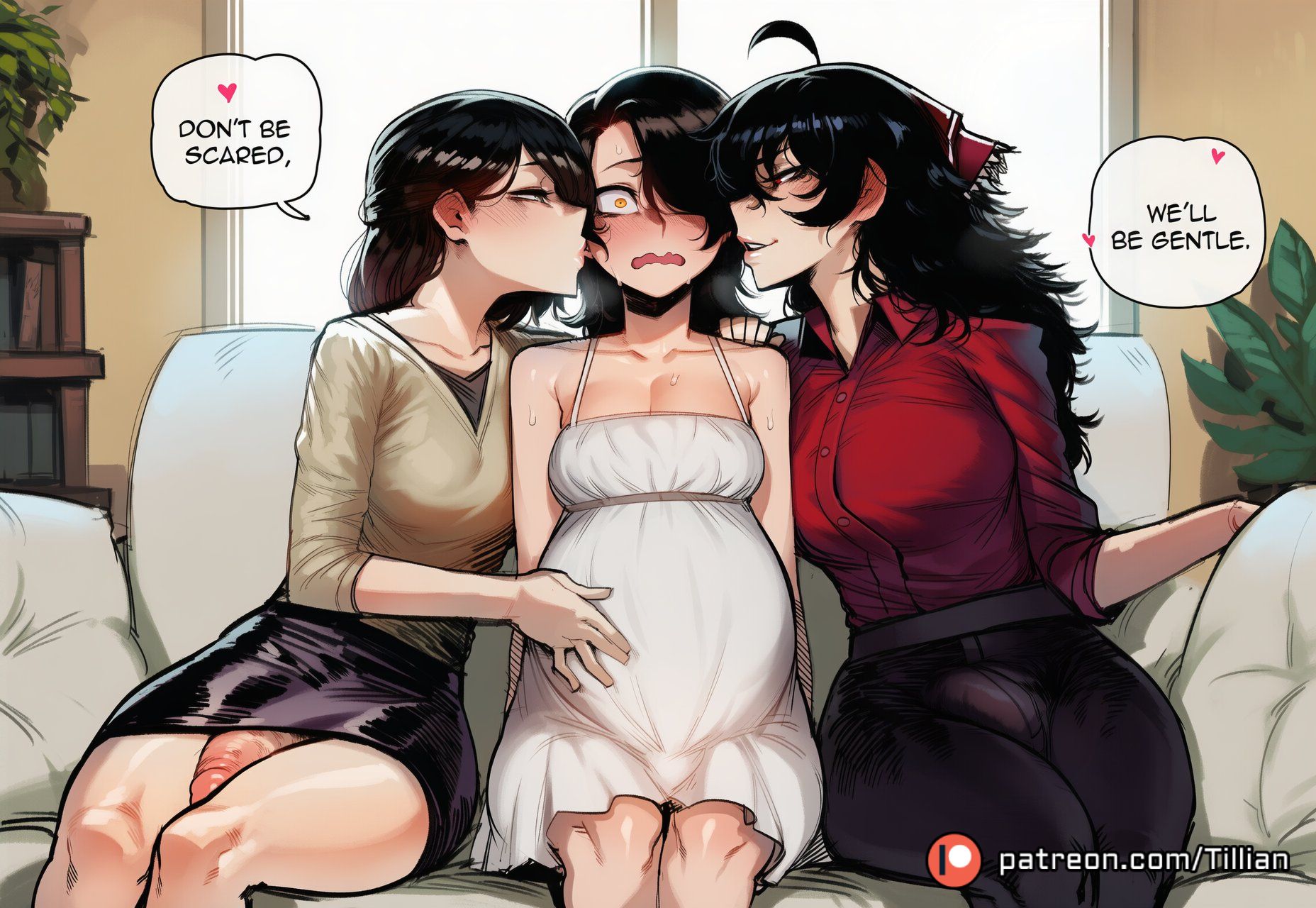 1girls, 2futas, ahoge, ai generated, biting, black hair, blush, breasts, bulge, cinder fall, couch, dress, english text, erection, erection under clothes, family, futanari, group sex, hair over one eye, indoors, kissing, kissing cheek, large breasts, long hair, mature female, mole, multiple girls, open mouth, pants, penis, pregnant, raven branwen, red eyes, red shirt, rwby, shirt, sitting, skirt, speech bubble, straight, summer rose, sweat, threesome, tillian, white dress, yellow eyes