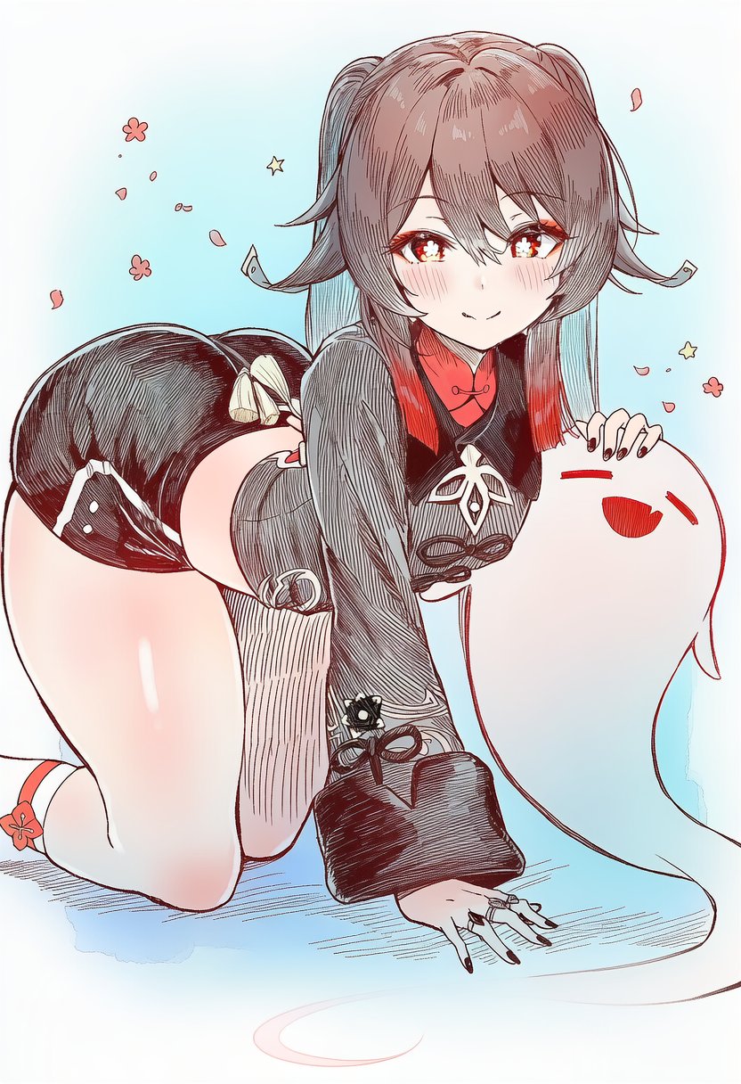 1girls, 2026, ai generated, ass, bare, bare legs, big thighs, black nails, blue background, blush, brown hair, bubble butt, closed mouth, clothed, clothing, color, colored, double ponytail, female, female only, genshin impact, ghost, hair, hi res, hoyoverse, hu tao (genshin impact), jeje box, kneeling, legs, light skin, light-skinned female, mihoyo, ponytail, red eyes, simple background, smile, solo, thick thighs, thighs, white background