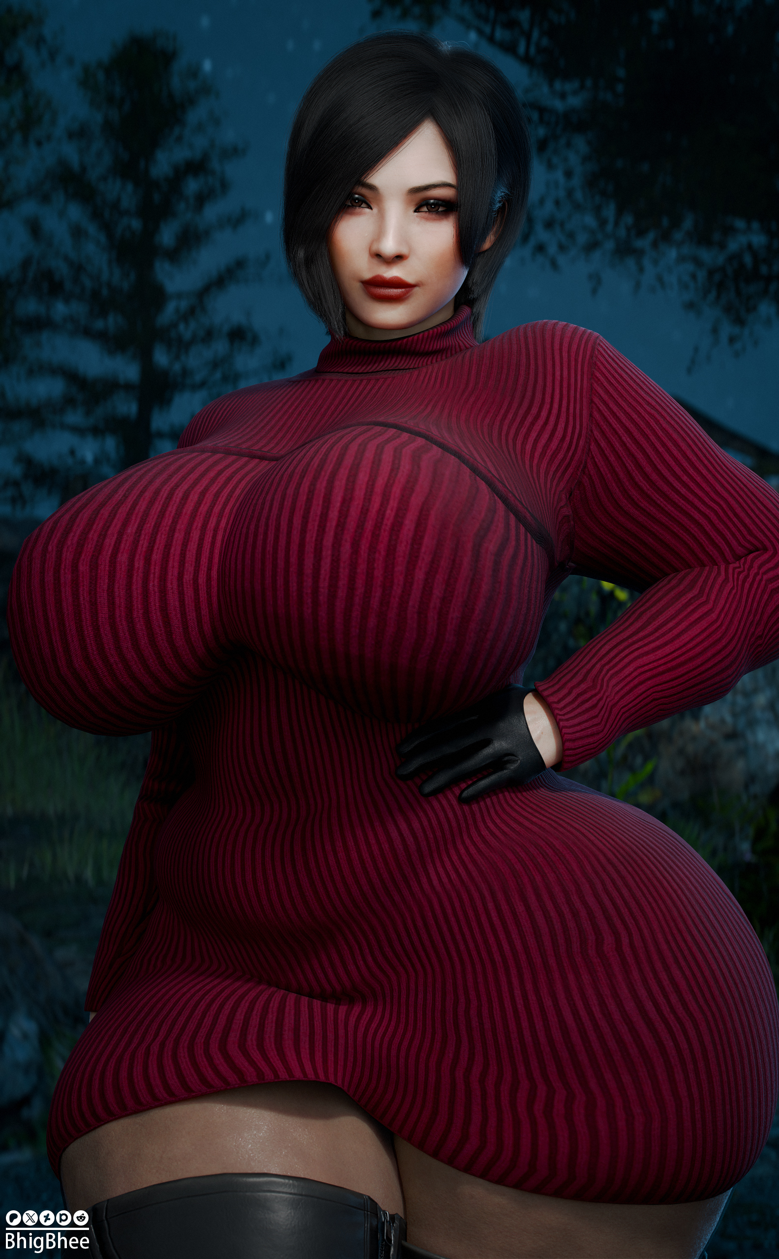 1girls, 3d, ada wong, bhigbhee, big breasts, black gloves, gloves, huge breasts, leather gloves, looking at viewer, resident evil, resident evil 4, thick thighs