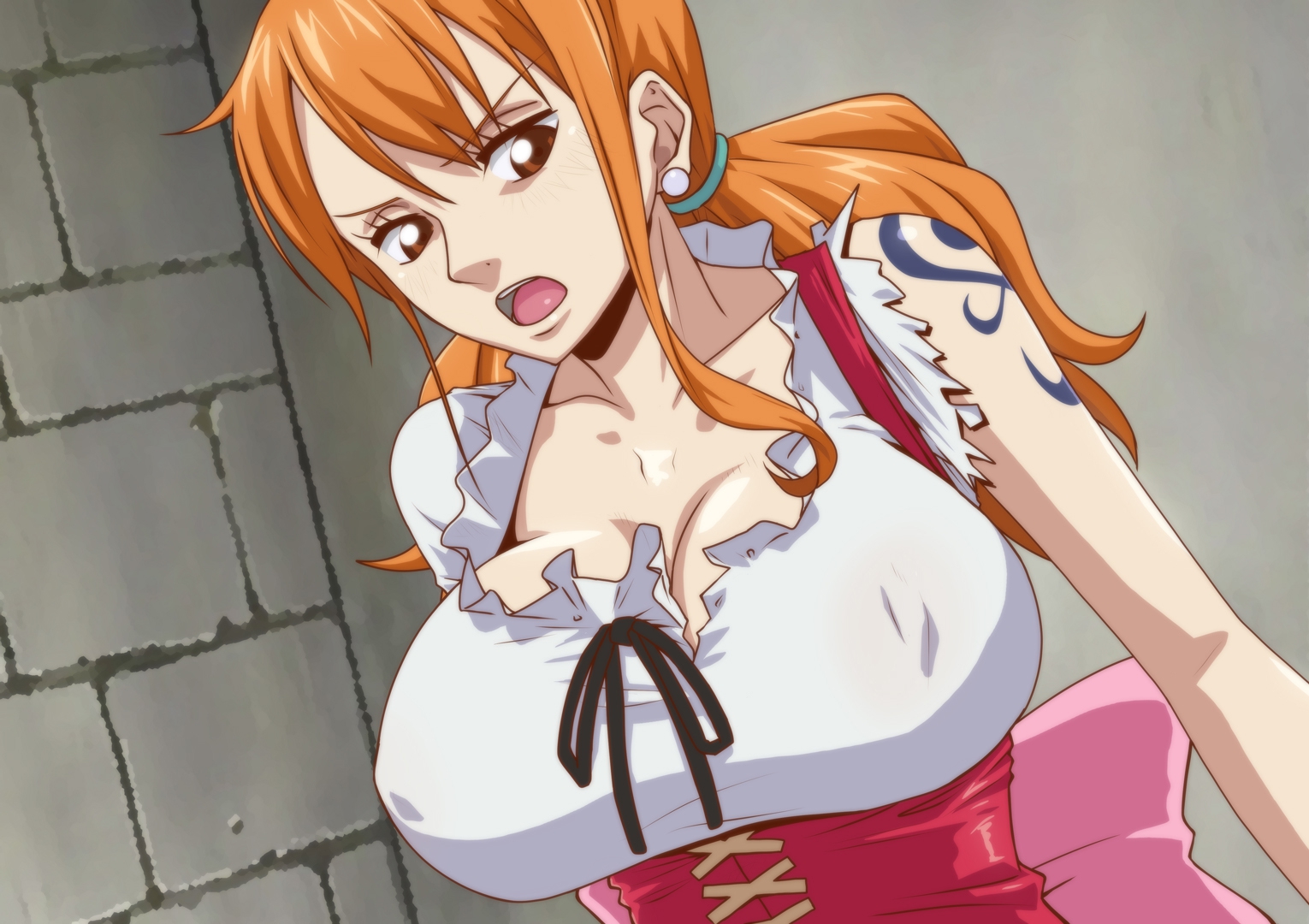 1girls, anna miller, arm tattoo, big breasts, blue tattoo, breasts, busty, cleavage, clothing, female, female focus, female only, kyabakurabakufu, large breasts, long hair, nami (one piece), one piece, orange hair, orange-haired female, solo, tagme, tattoo, whole cake island
