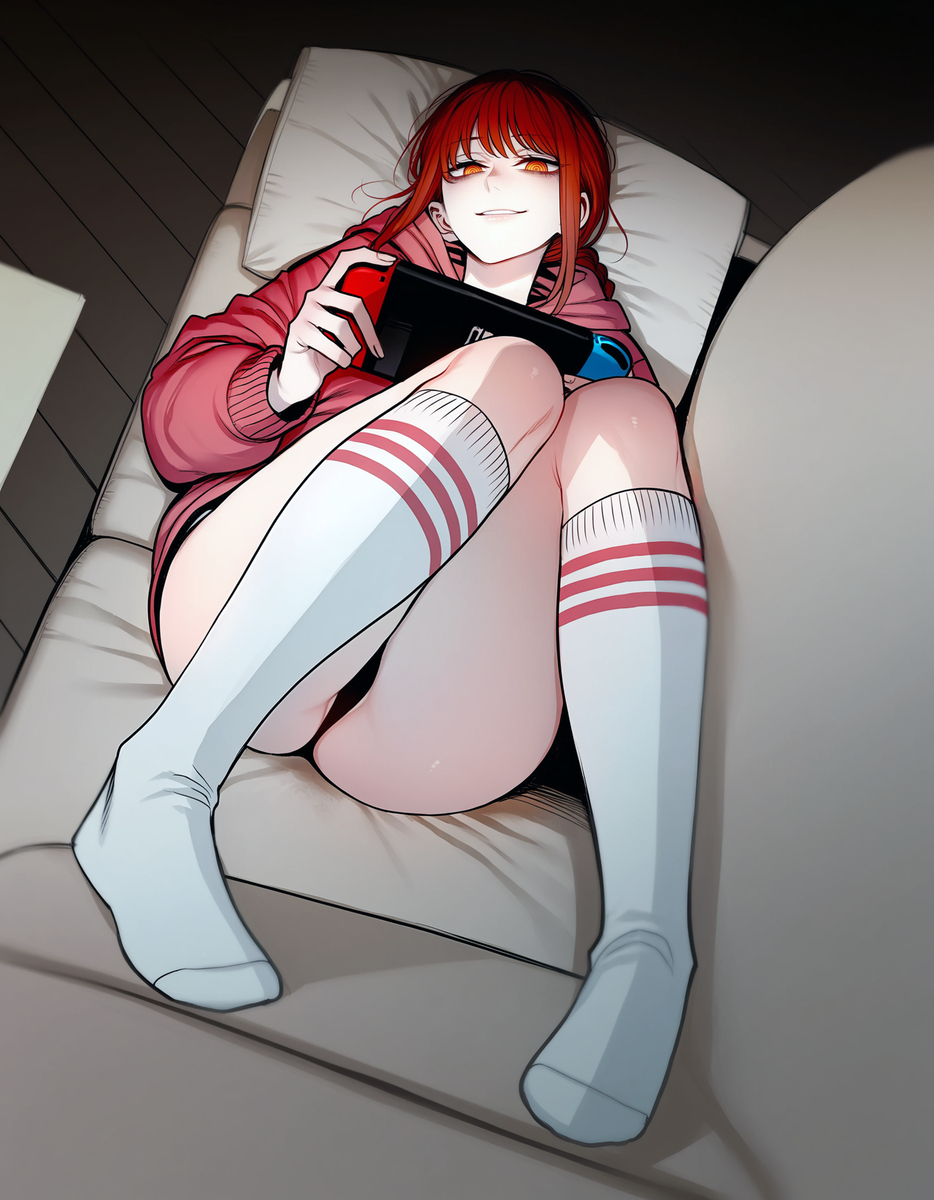 1girls, ai generated, chainsaw man, clothed, female, female only, fully clothed, makima (chainsaw man), nintendo switch, pinup, red hair, socks, solo, thighs, zloimakak