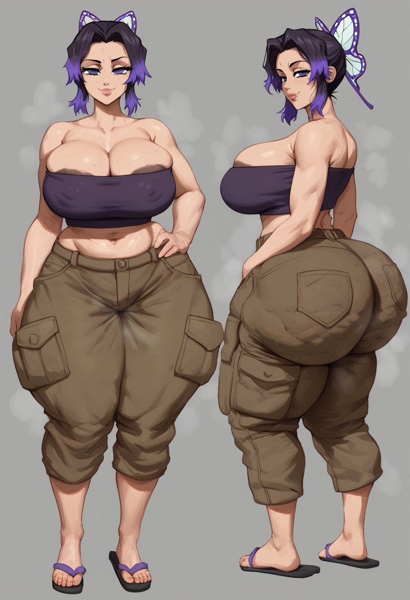 1girls, ai generated, areolae, big ass, big breasts, breasts, cargo pants, cellulite, demon slayer, fat ass, female, female only, flip flops, huge ass, kimetsu no yaiba, kochou shinobu, pants, purple eyes, purple hair, shinobu kocho, strapless top, taiga20, thick ass, thick thighs