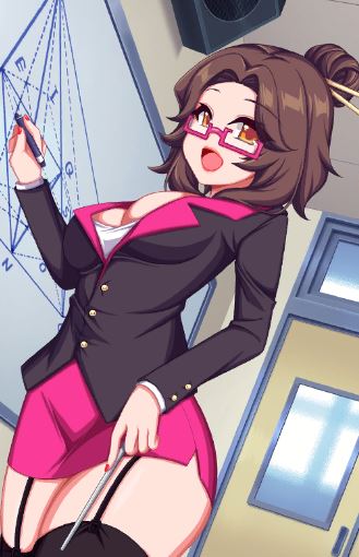 1girls brown_hair crush_crush female female_focus game_cg garter_straps glasses hair_bun looking_at_viewer miss_desiree_(crush_crush) nutaku sad_panda_studios sfw short_skirt solo solo_female solo_focus stockings teacher